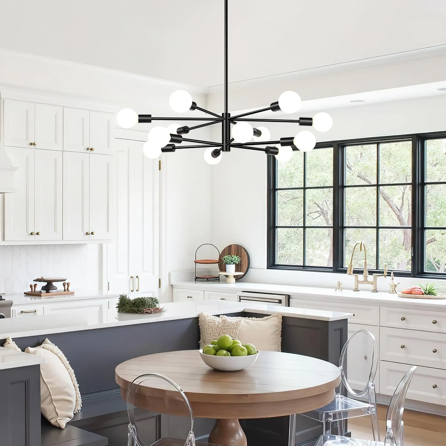 33" Modern Chandelier Ceiling Light Fixture, 12-Light Sputnik Chandeliers Matte Black Mid Century Chandelier Over Table, Height Adjustable Chandeliers for Dining Room Living Room Kitchen Island