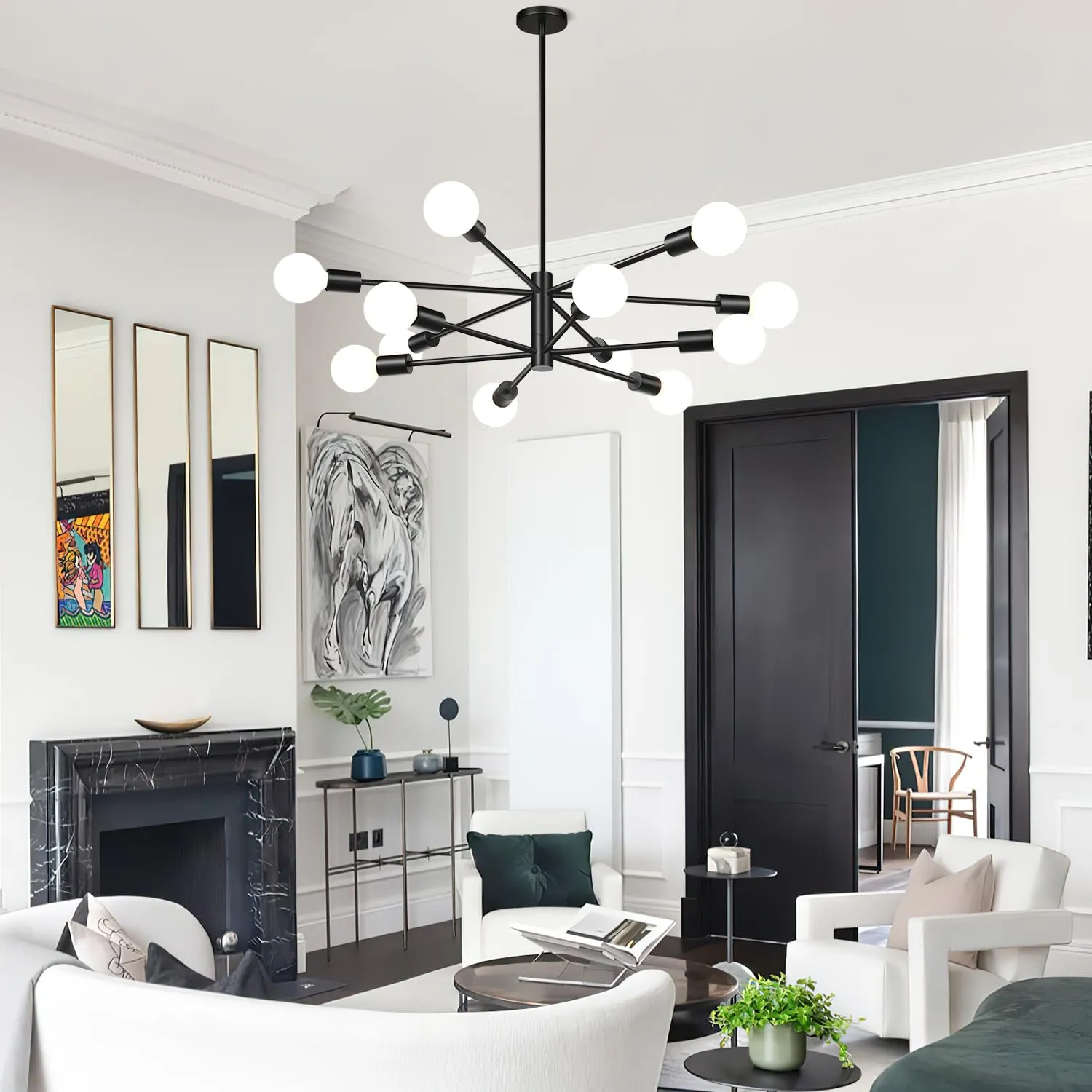 33" Modern Chandelier Ceiling Light Fixture, 12-Light Sputnik Chandeliers Matte Black Mid Century Chandelier Over Table, Height Adjustable Chandeliers for Dining Room Living Room Kitchen Island