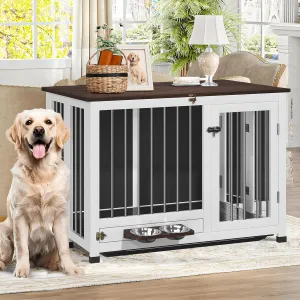 39.4" Dog Crate Furniture - Indoor Wooden Kennel with 360° Rotating Feeder & Removable Tray | Sturdy End Table for Medium & Large Dogs | Easy Assembly, Pet Cage for Living Room