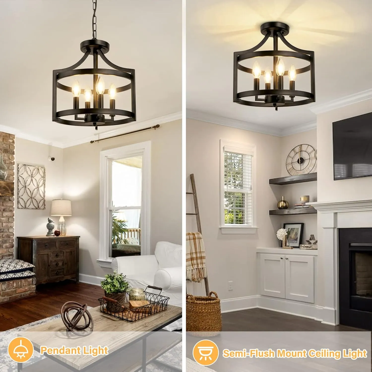 4-Light Farmhouse Chandelier, Modern Hanging Pendant Lighting, Convertible Semi Flush Mount Ceiling Light Fixture Rustic Vintage Black Chandeliers for Dining Room Kitchen Foyer Entryway