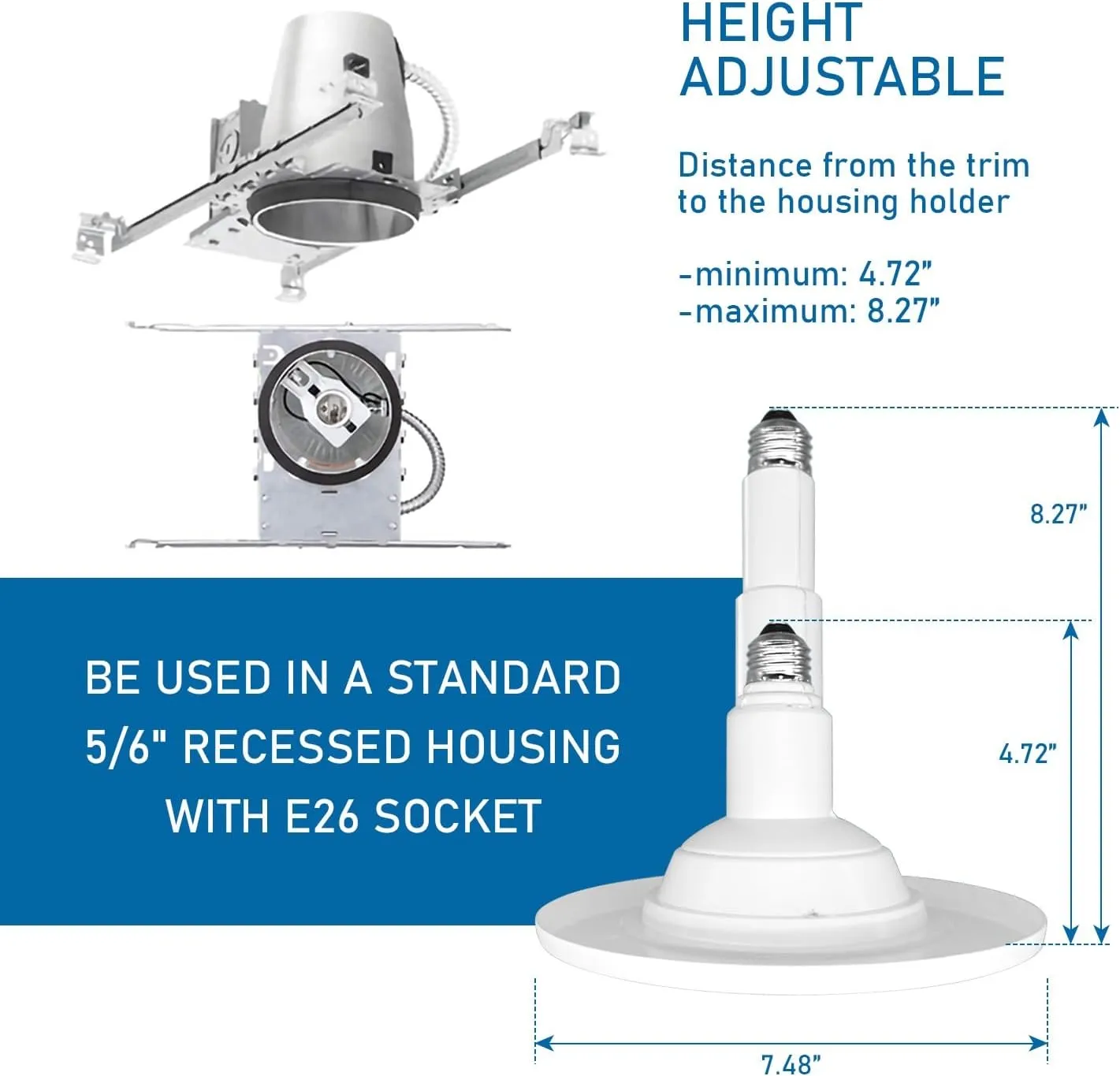 4-Pack 5/6 Inch Retrofit Led Can Lights Adjustable Retrofit Downlight,Recessed Light Flat Trim,8.5W=40W, 3000K (Warm White), 650 Lumens, Dimmable,ETL Damp Rated, E26 Screw Base,Easy Install.……