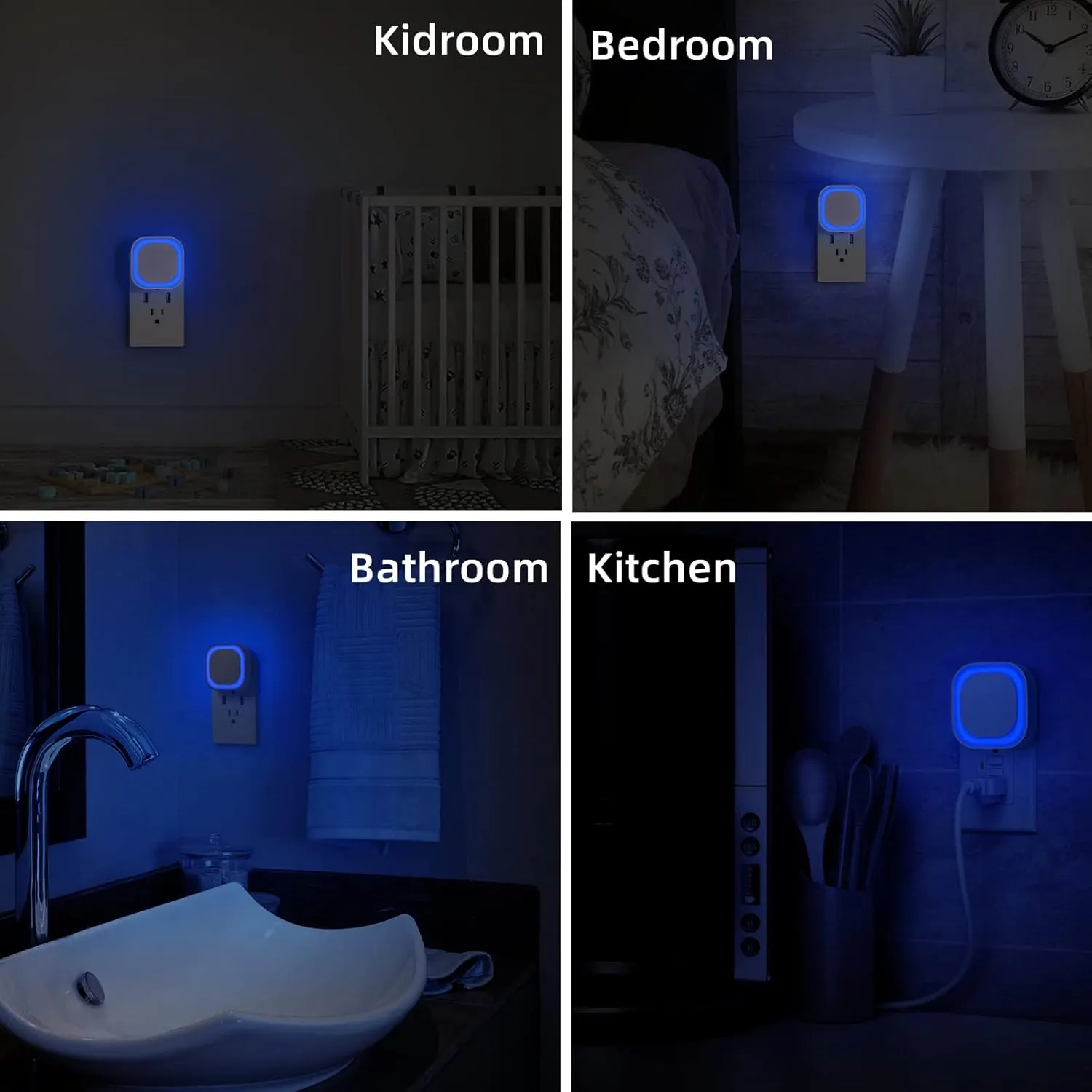 4 Pack Plug in Dimmable Night Light, Soft Night Light, Auto Dusk to Dawn Sensor, Azure LED Wall Night Light, Square Nightlight for Bathroom, Hallway, Stairs, Kitchen, Bedroom, Garage