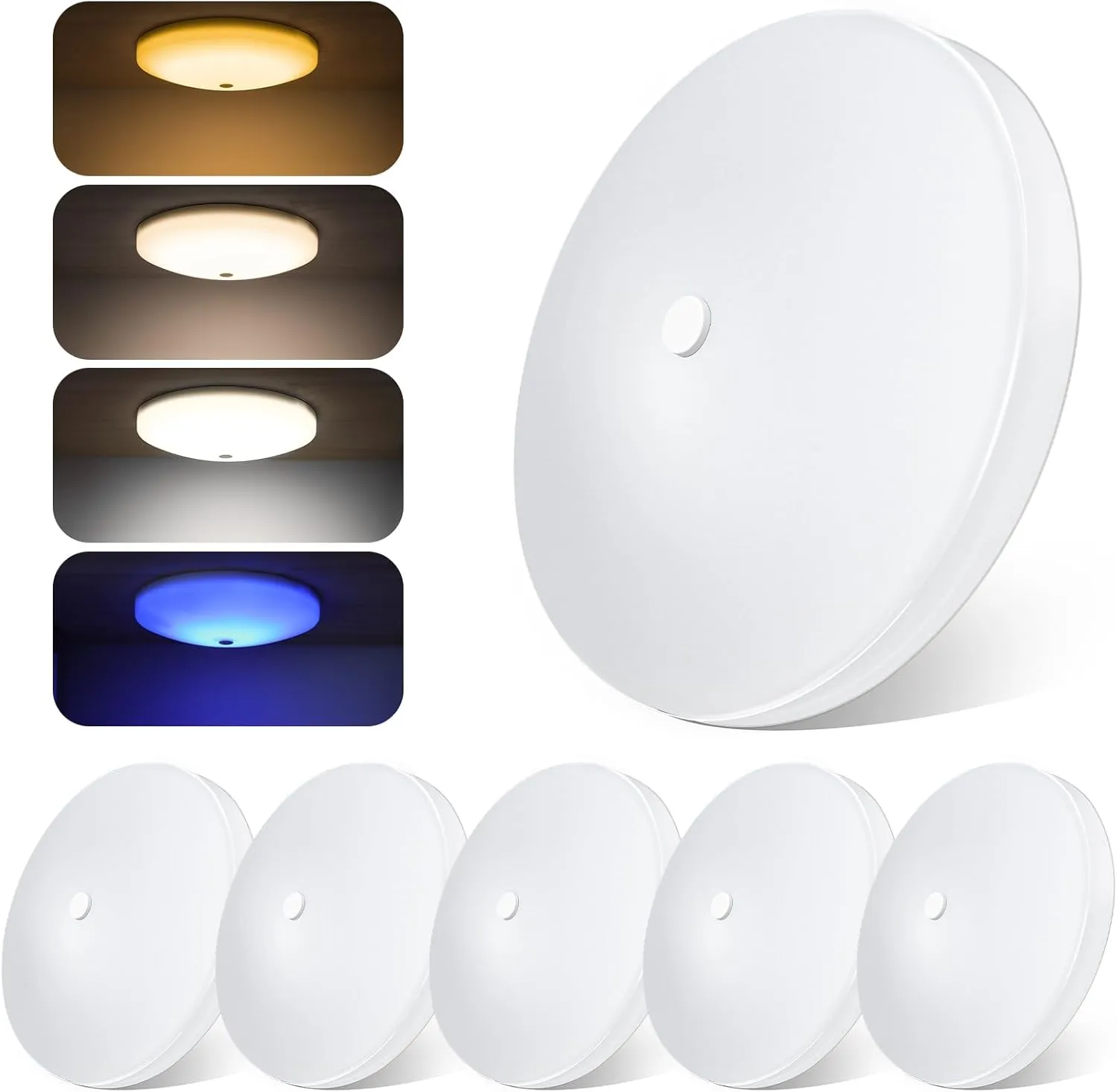 4.5'' 3CCT RV Interior Ceiling Lights 3000K/4500K/6000K Switchable with Blue Nightlight 12V RV LED Puck Light for Motorhome Camper Trailer Boat, Surface Mount w/Dimmer Switch (6 Pcs)