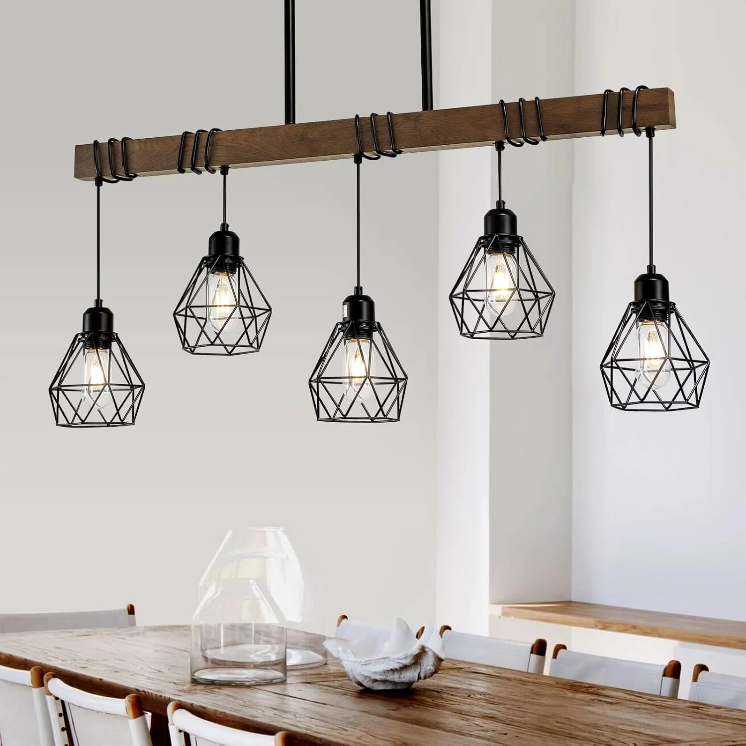 5-Light Kitchen Island Lighting Hanging for Farmhouse Linear Chandeliers,Dining Room Light Fixture/Chandelier Over Table,Matte Black Rustic Wood Ceiling Pendant Light Fixtures with Metal lampshade