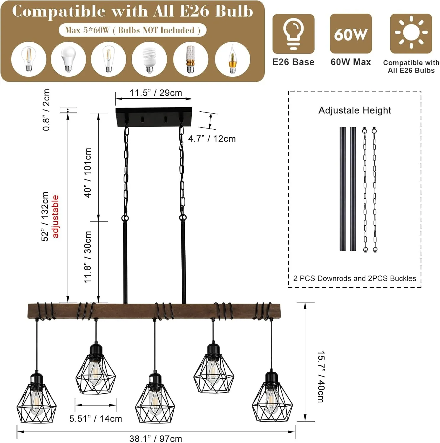 5-Light Kitchen Island Lighting Hanging for Farmhouse Linear Chandeliers,Dining Room Light Fixture/Chandelier Over Table,Matte Black Rustic Wood Ceiling Pendant Light Fixtures with Metal lampshade