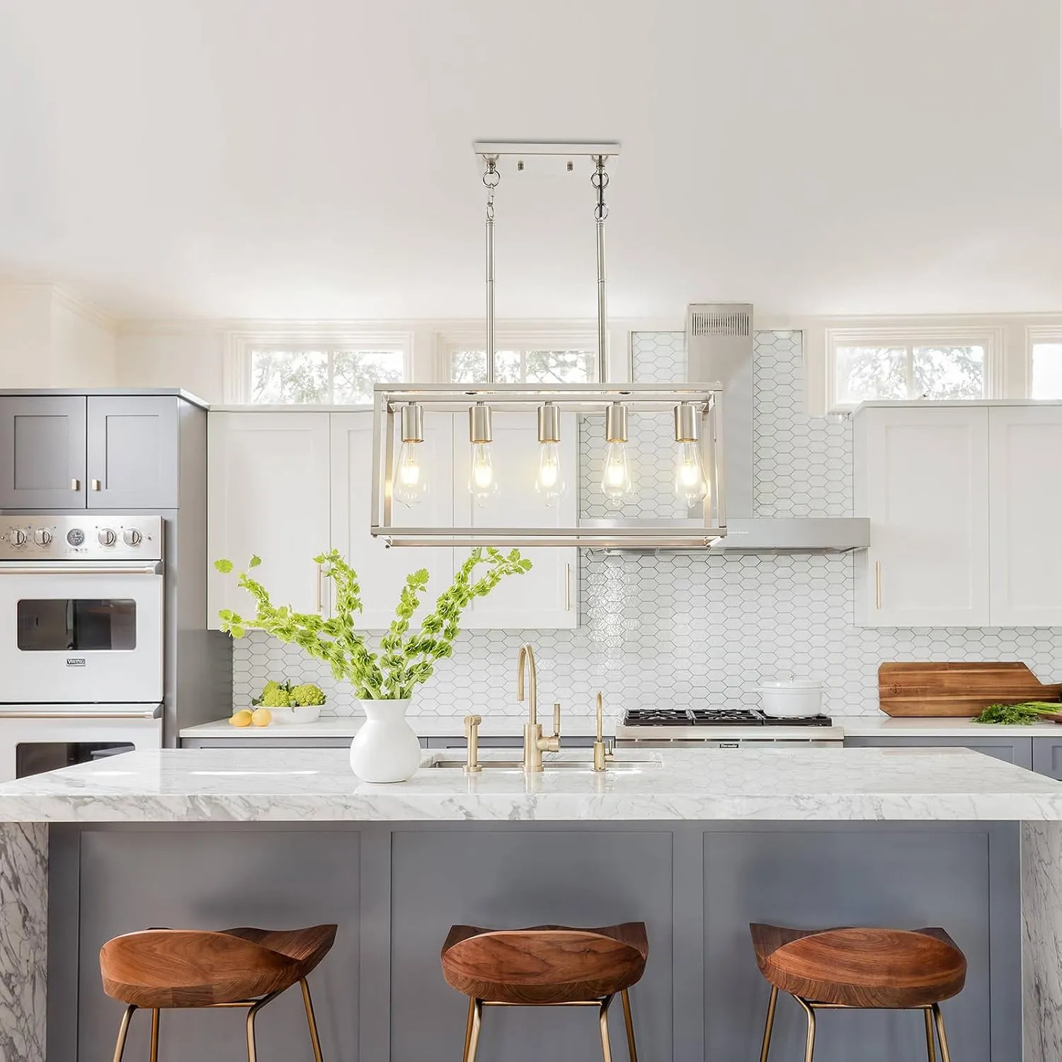 5-Light Pendant Lights for Kitchen Island Modern Dining Room Chandelier Linear Rectangular Kitchen Light Fixtures Hanging Lights for Dining Room Adjustable Height E26 Base Brushed Nickel