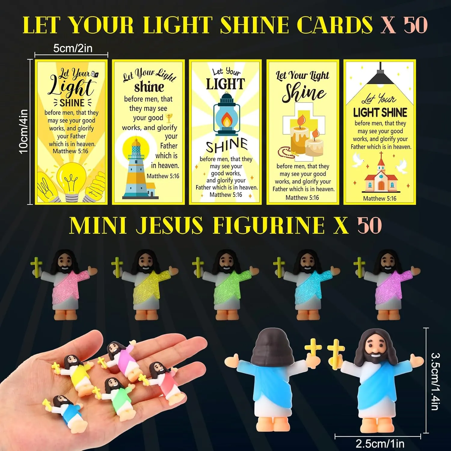 50 Sets Little Jesus Figures Glow in The Dark with Let Your Light Shine Cards Luminous Mini Rubber Jesus Figurines Toys for Hide and Seek Sunday Religious Gift(Carry A Cross & Yellow Card)