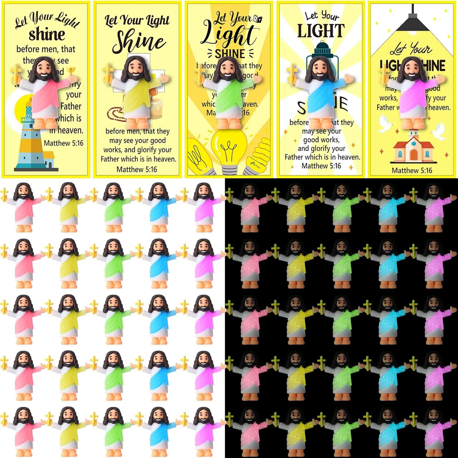 50 Sets Little Jesus Figures Glow in The Dark with Let Your Light Shine Cards Luminous Mini Rubber Jesus Figurines Toys for Hide and Seek Sunday Religious Gift(Carry A Cross & Yellow Card)