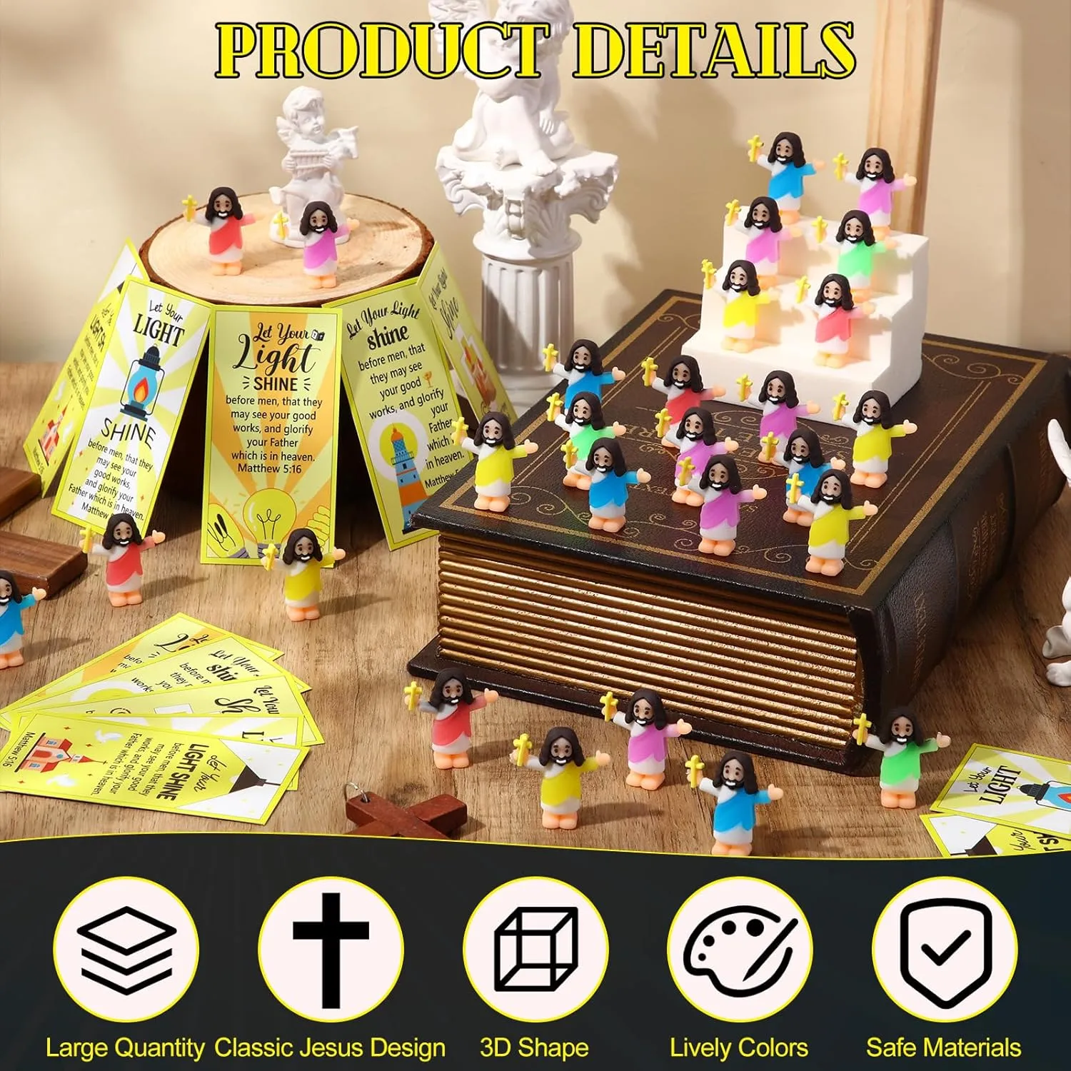 50 Sets Little Jesus Figures Glow in The Dark with Let Your Light Shine Cards Luminous Mini Rubber Jesus Figurines Toys for Hide and Seek Sunday Religious Gift(Carry A Cross & Yellow Card)