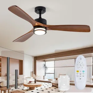 52” Outdoor Ceiling Fan with Light, 3 Walnut Solid Wood Blade, Remote Control, 3CCT Dimmable LED, Timer, 6-Speed Reversible Motor All-Weather Use for Living Room or Patio