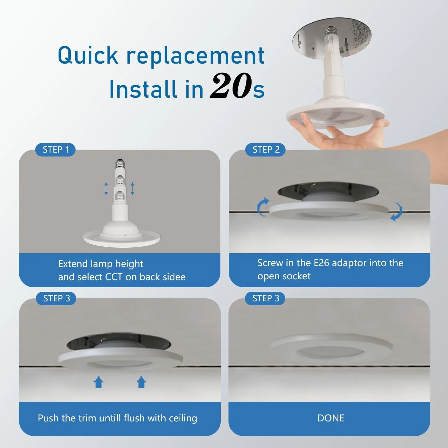 5/6 Inch Adjustable Height LED Can Lights Retrofit Recessed Lighting 6 Pack,800 lumens 3000K Warm White,Dimmable, 12W=60W,ETL Damp Rated,Easy Retrofit Downlight Install,E26 Base,Flat Trim.