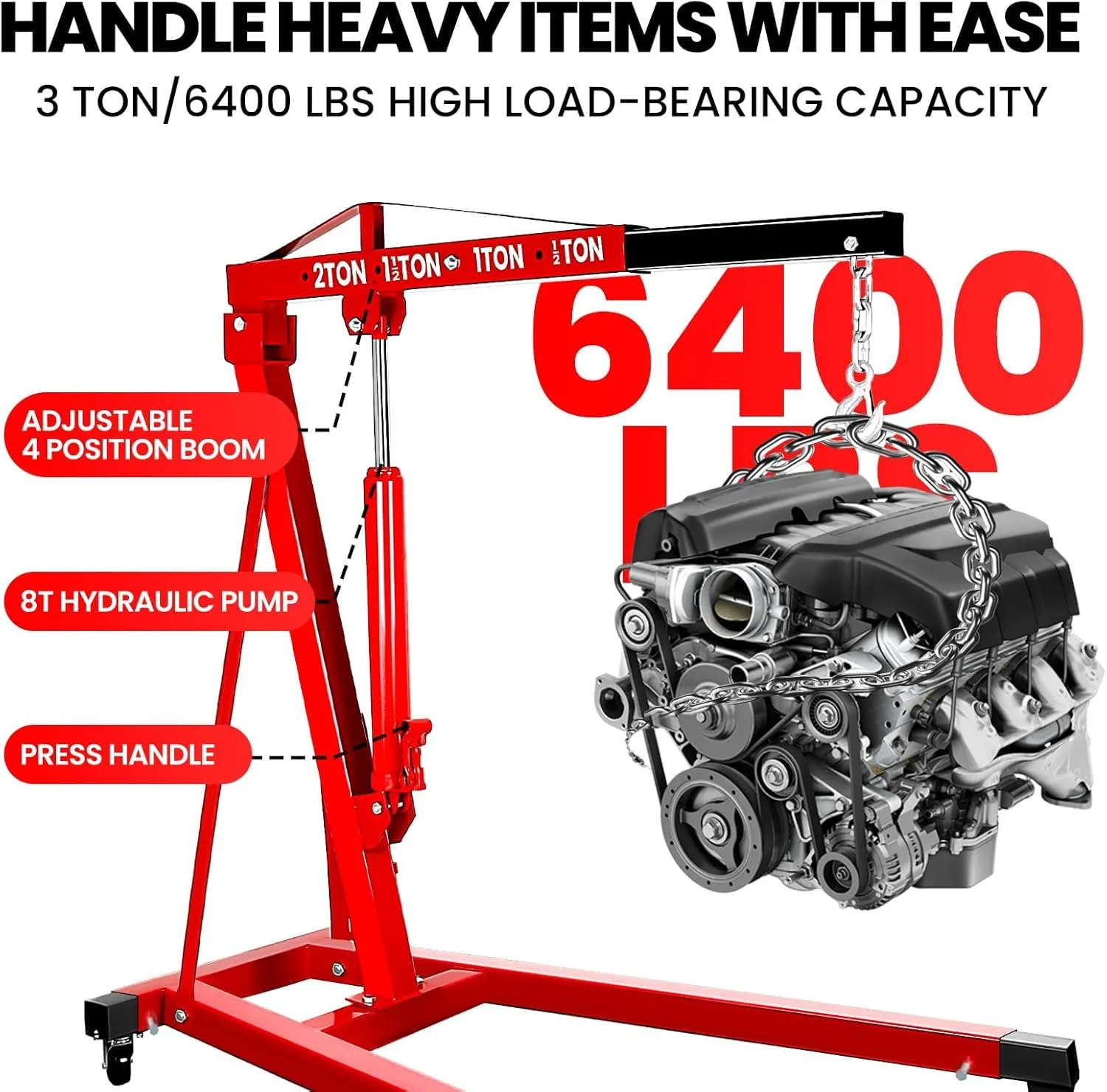6400 LBS Engine Hoist, 3 Ton Heavy Duty Alloy Steel Folding Cherry Picker Engine Hoist with Lever and 6 Casters, 8 Ton Hydraulic Pump 4 Adjustable Position, for Workshop (3 Ton)