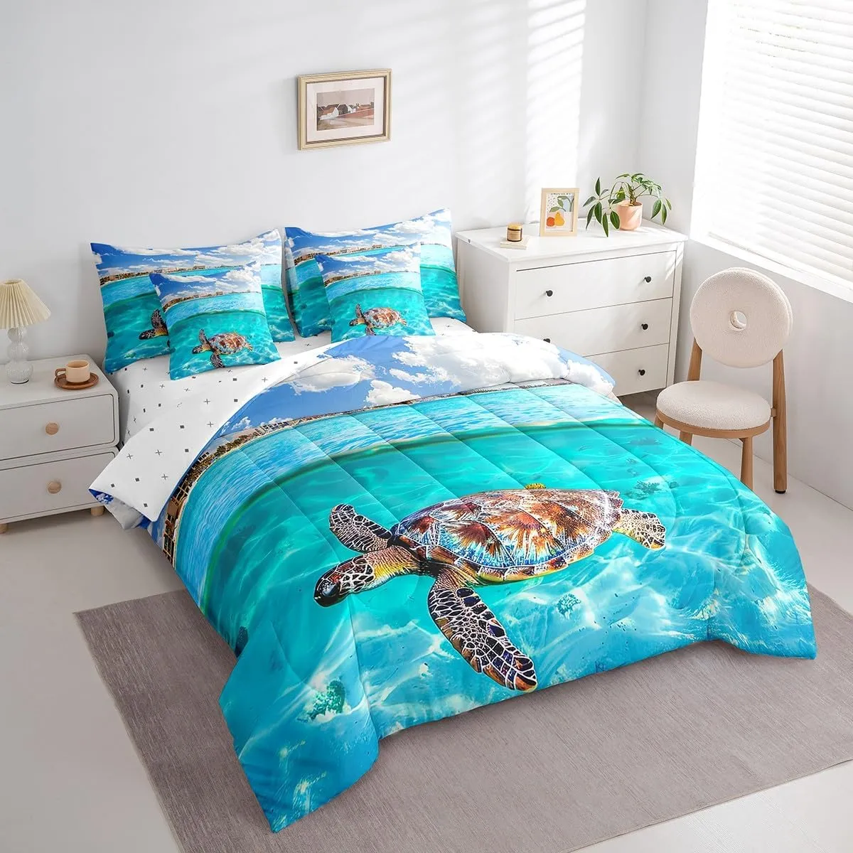 7 Piece Sea Turtle Bed in a Bag Kids Ocean Theme Sheet Set for Boys Girls Hawaii Vacation Style Bedding Set with Comforter Marine Animal Turtle Sea Animal Seawater Print Cushion Covers Queen