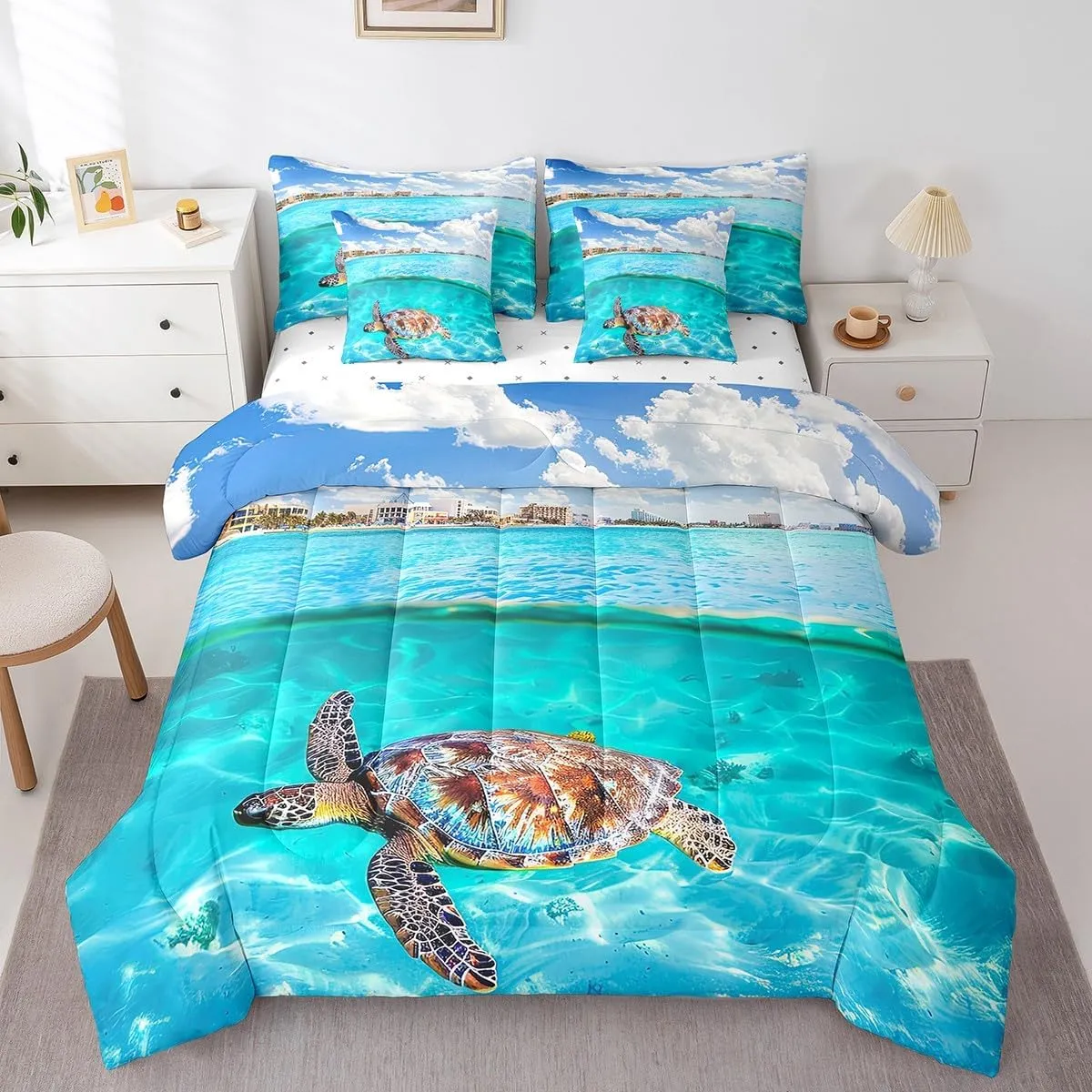 7 Piece Sea Turtle Bed in a Bag Kids Ocean Theme Sheet Set for Boys Girls Hawaii Vacation Style Bedding Set with Comforter Marine Animal Turtle Sea Animal Seawater Print Cushion Covers Queen