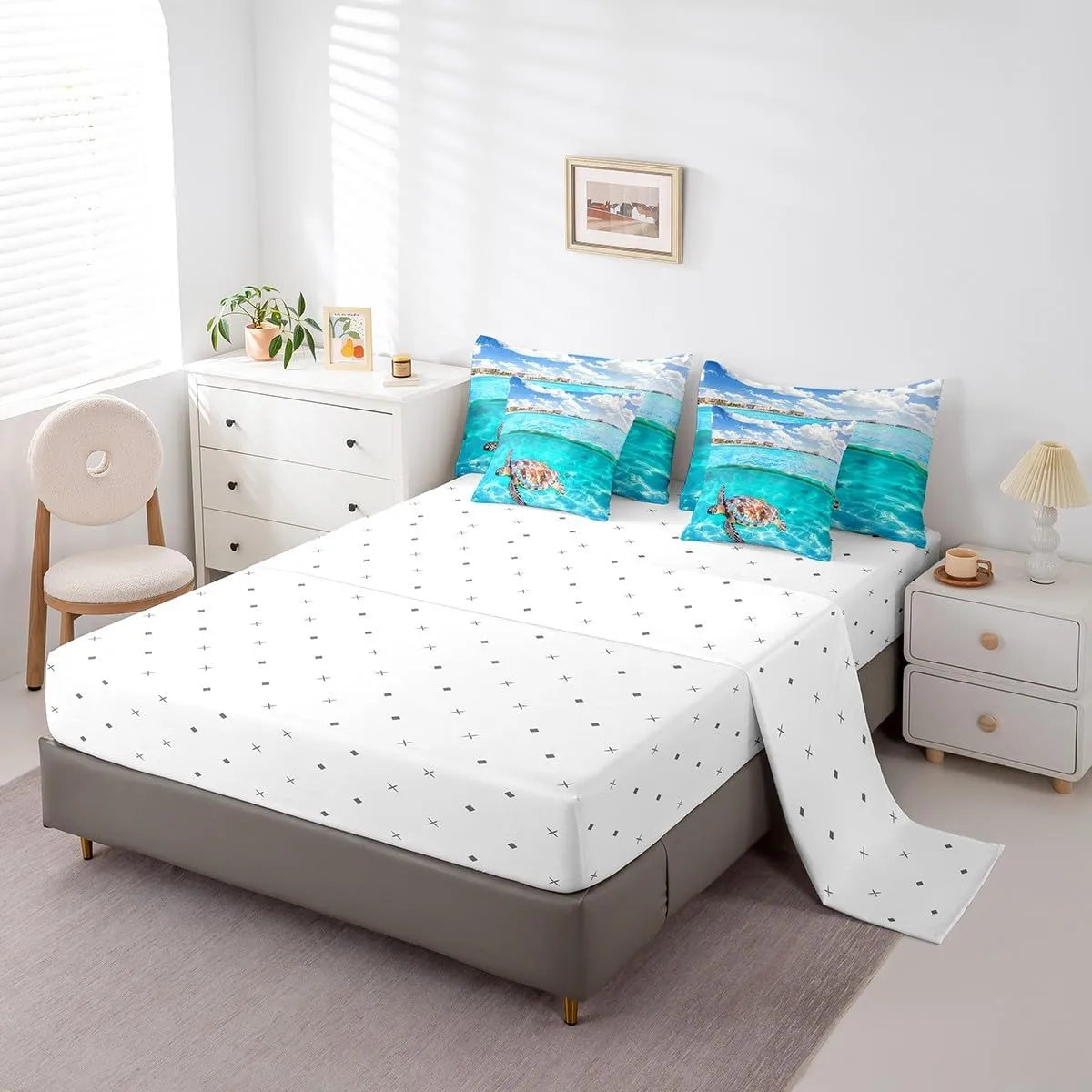 7 Piece Sea Turtle Bed in a Bag Kids Ocean Theme Sheet Set for Boys Girls Hawaii Vacation Style Bedding Set with Comforter Marine Animal Turtle Sea Animal Seawater Print Cushion Covers Queen