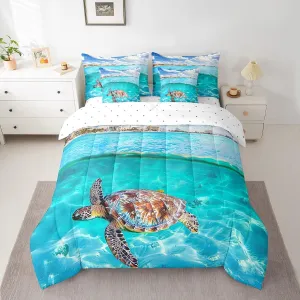7 Piece Sea Turtle Bed in a Bag Kids Ocean Theme Sheet Set for Boys Girls Hawaii Vacation Style Bedding Set with Comforter Marine Animal Turtle Sea Animal Seawater Print Cushion Covers Queen