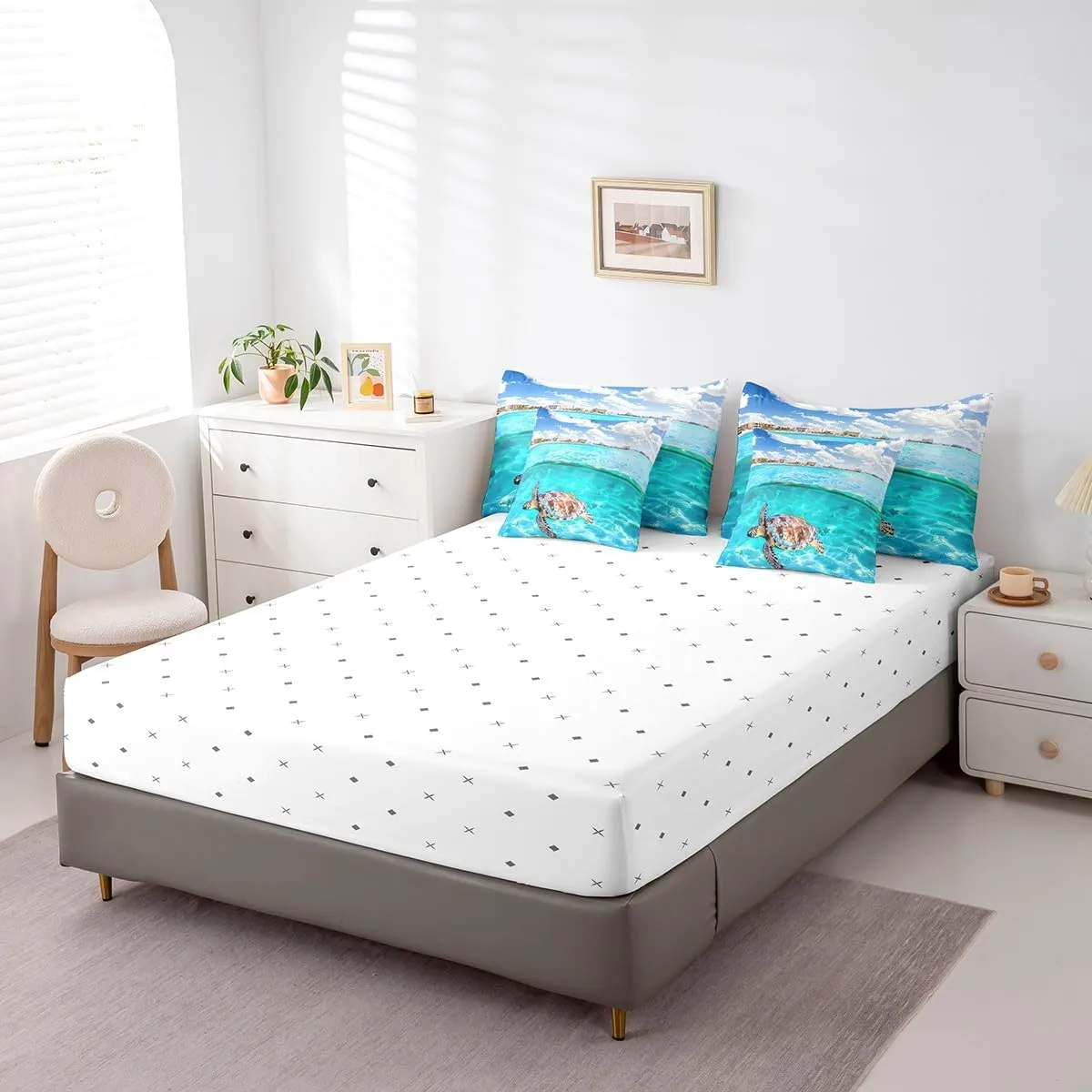 7 Piece Sea Turtle Bed in a Bag Kids Ocean Theme Sheet Set for Boys Girls Hawaii Vacation Style Bedding Set with Comforter Marine Animal Turtle Sea Animal Seawater Print Cushion Covers Queen