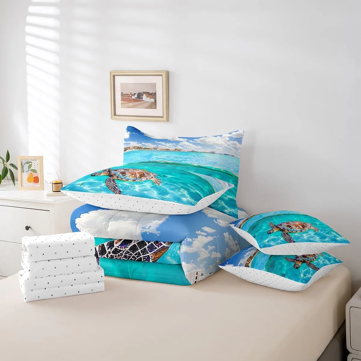 7 Piece Sea Turtle Bed in a Bag Kids Ocean Theme Sheet Set for Boys Girls Hawaii Vacation Style Bedding Set with Comforter Marine Animal Turtle Sea Animal Seawater Print Cushion Covers Queen