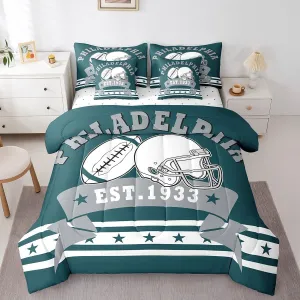 7Pcs Rugby Football Team Comforter Set Kids Sports Bedding, American Football Cool Sports Comforter Twin Size Football City Bed Set With 2 Pillowcases & 2 Throw Pillow Covers (Philadelphia)