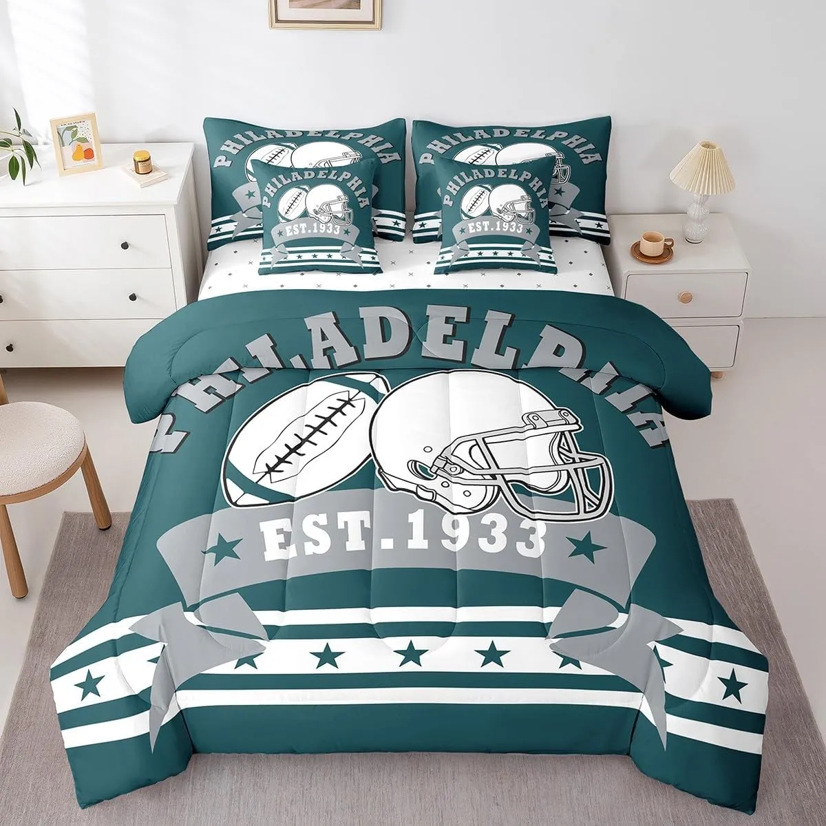 7Pcs Rugby Football Team Comforter Set Kids Sports Bedding, American Football Cool Sports Comforter Twin Size Football City Bed Set With 2 Pillowcases & 2 Throw Pillow Covers (Philadelphia)