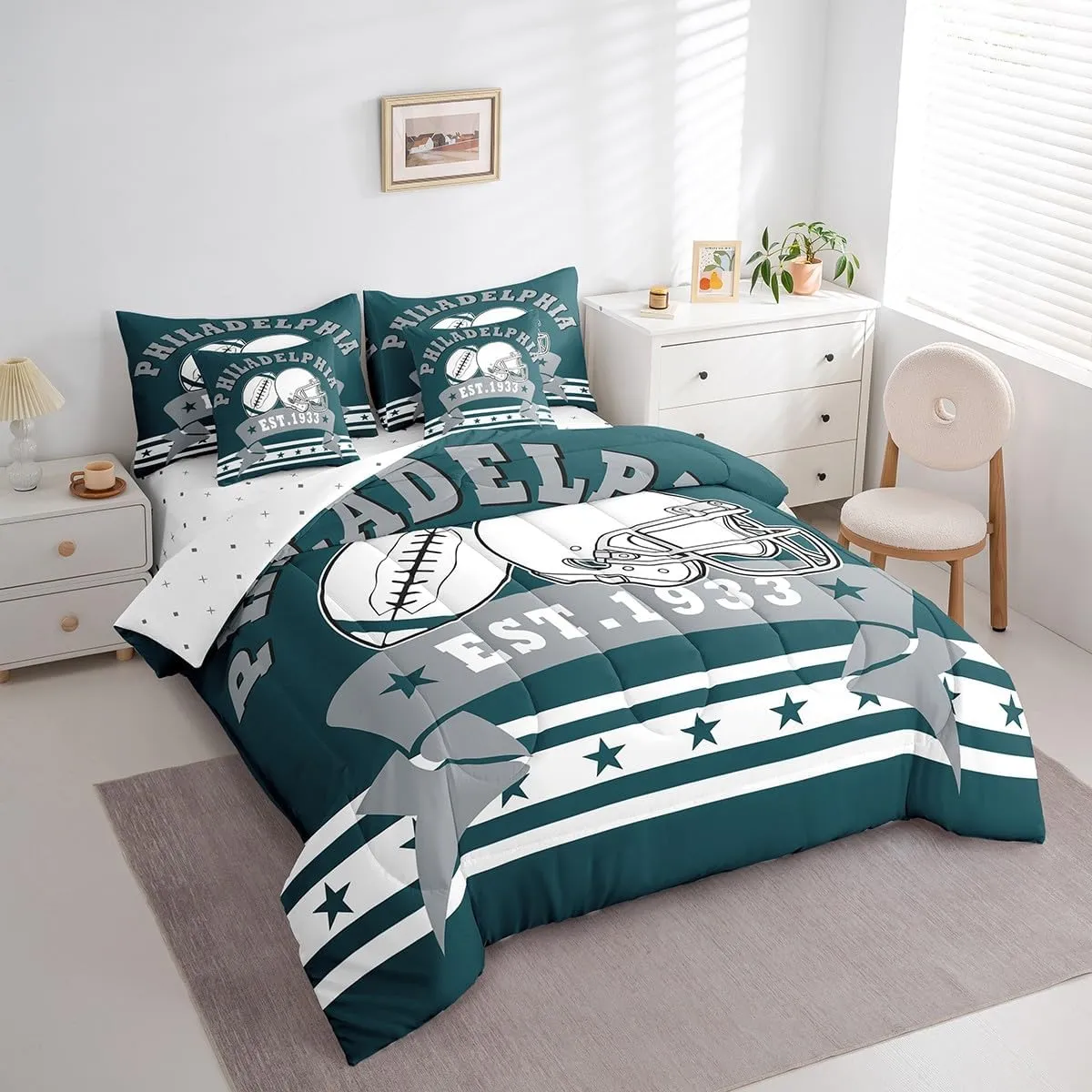 7Pcs Rugby Football Team Comforter Set Kids Sports Bedding, American Football Cool Sports Comforter Twin Size Football City Bed Set With 2 Pillowcases & 2 Throw Pillow Covers (Philadelphia)
