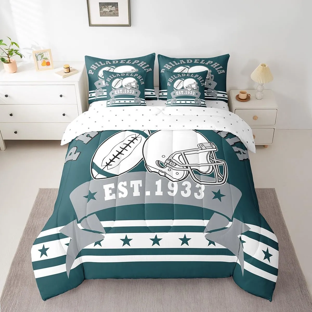 7Pcs Rugby Football Team Comforter Set Kids Sports Bedding, American Football Cool Sports Comforter Twin Size Football City Bed Set With 2 Pillowcases & 2 Throw Pillow Covers (Philadelphia)