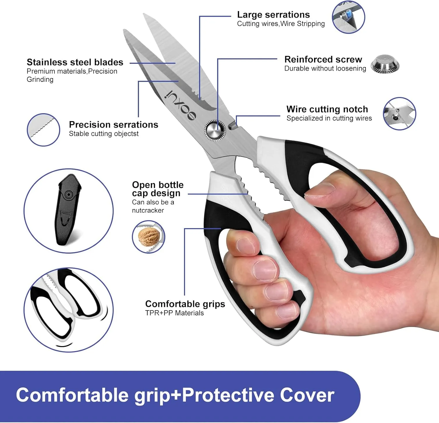 8-Inch Heavy Duty Scissors – Ultra Sharp Stainless Steel Shears with Serrated Edge & Protective Cover, Ideal for Cardboard, Wire, Fabric & More (White)