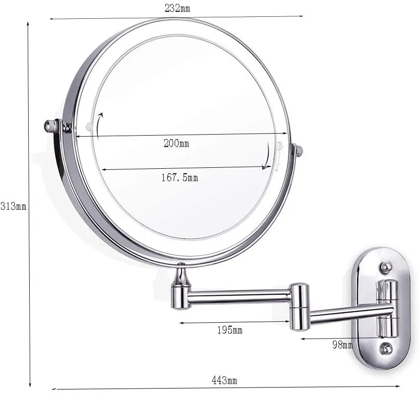 8-Inch LED Wall Mounted Makeup Mirror, Magnification Round Shape Two-Sided Swivel Extendable Bathroom Vanity Mirror, Touch Button Adjustable Light Powered by Battery (Color : 5X)