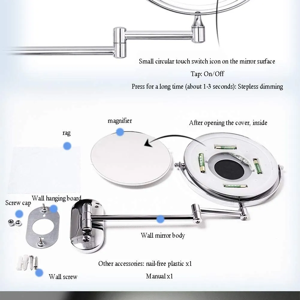 8-Inch LED Wall Mounted Makeup Mirror, Magnification Round Shape Two-Sided Swivel Extendable Bathroom Vanity Mirror, Touch Button Adjustable Light Powered by Battery (Color : 5X)
