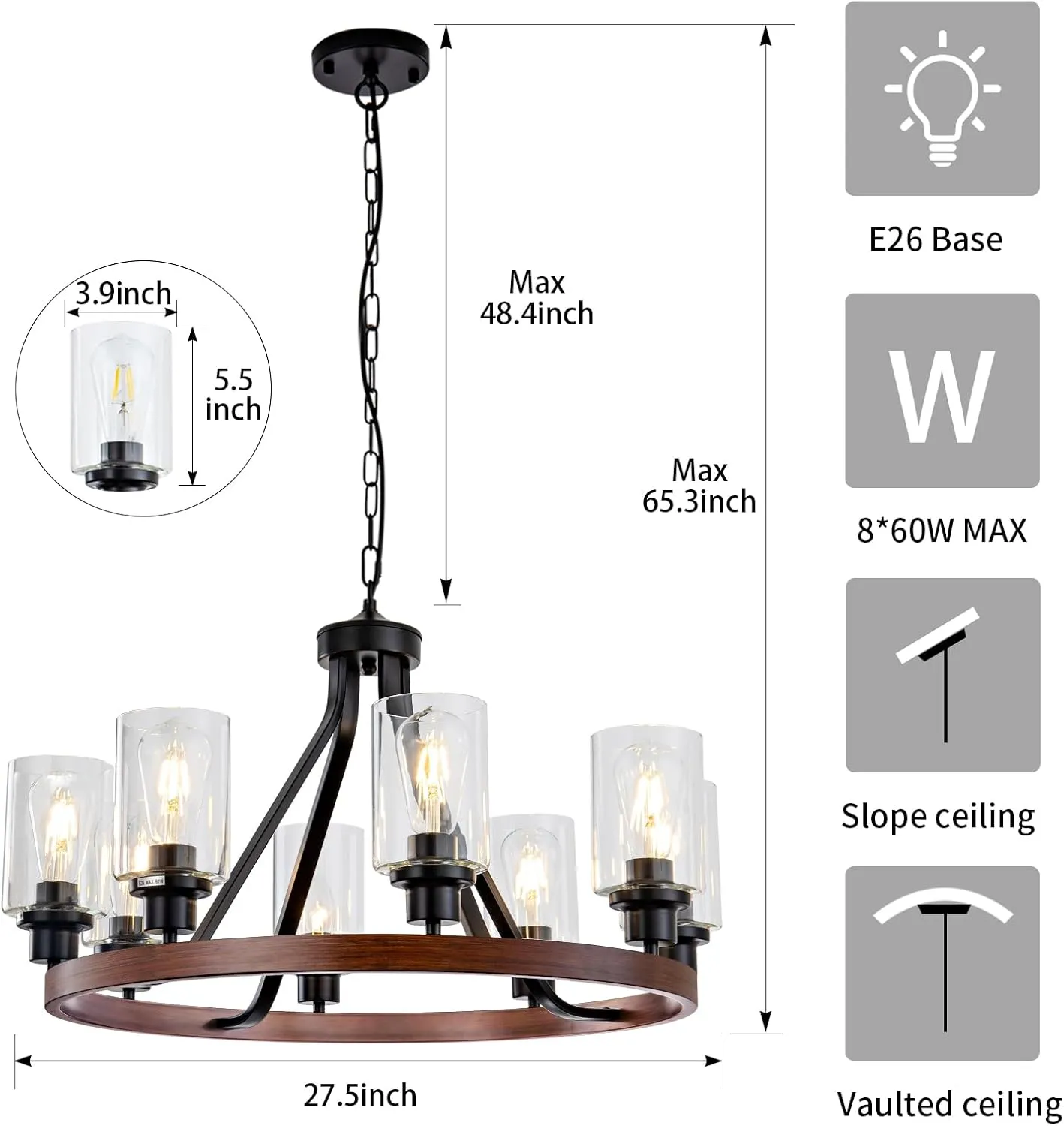 8-Light Farmhose Chandelier for Dining Room Light Fixture Faux Wood Kitchen Pendant Light Round Rustic Ceiling Hanging Lighting with Glass Globes Adjustable Height Metal E26