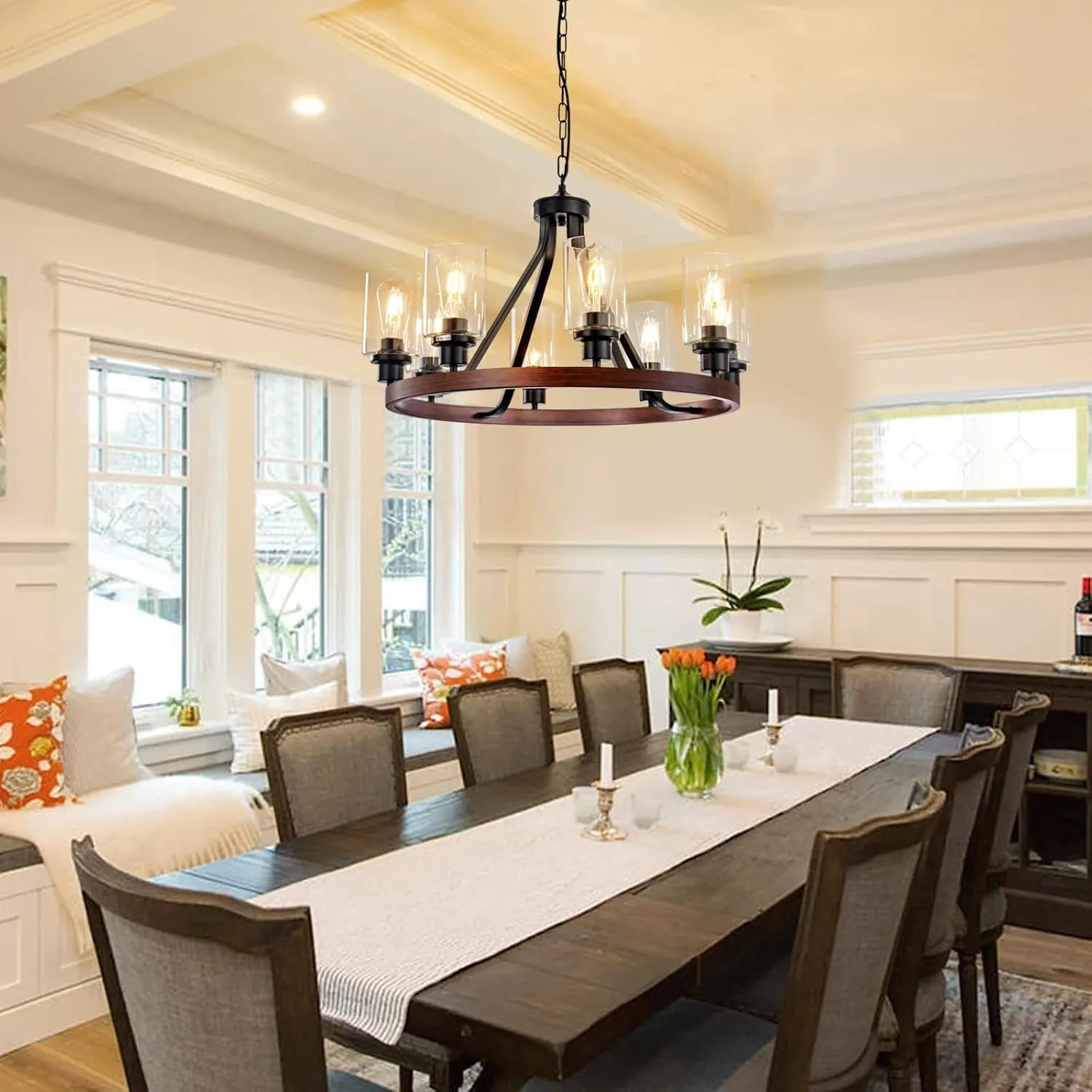 8-Light Farmhose Chandelier for Dining Room Light Fixture Faux Wood Kitchen Pendant Light Round Rustic Ceiling Hanging Lighting with Glass Globes Adjustable Height Metal E26