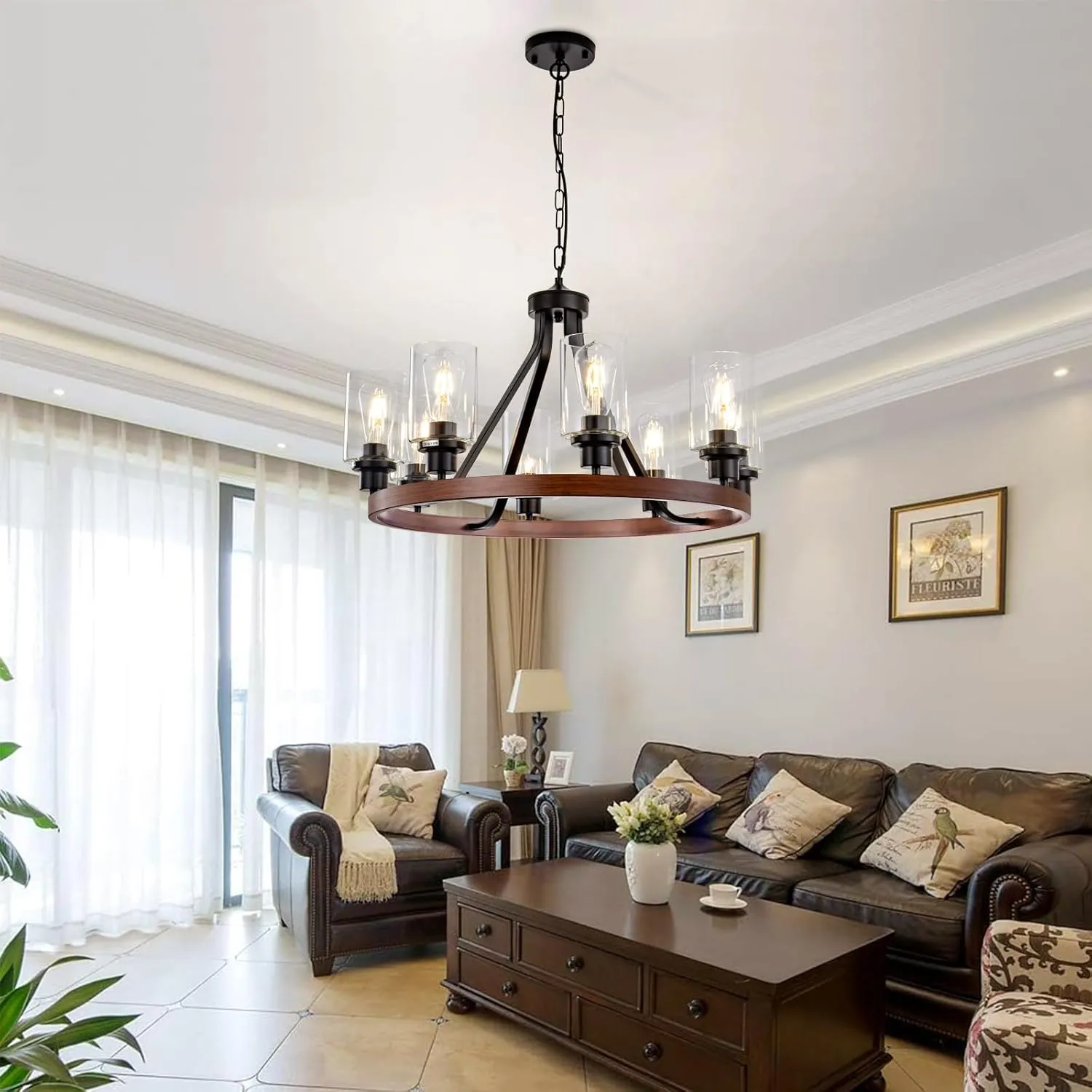 8-Light Farmhose Chandelier for Dining Room Light Fixture Faux Wood Kitchen Pendant Light Round Rustic Ceiling Hanging Lighting with Glass Globes Adjustable Height Metal E26