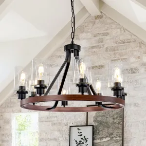 8-Light Farmhose Chandelier for Dining Room Light Fixture Faux Wood Kitchen Pendant Light Round Rustic Ceiling Hanging Lighting with Glass Globes Adjustable Height Metal E26