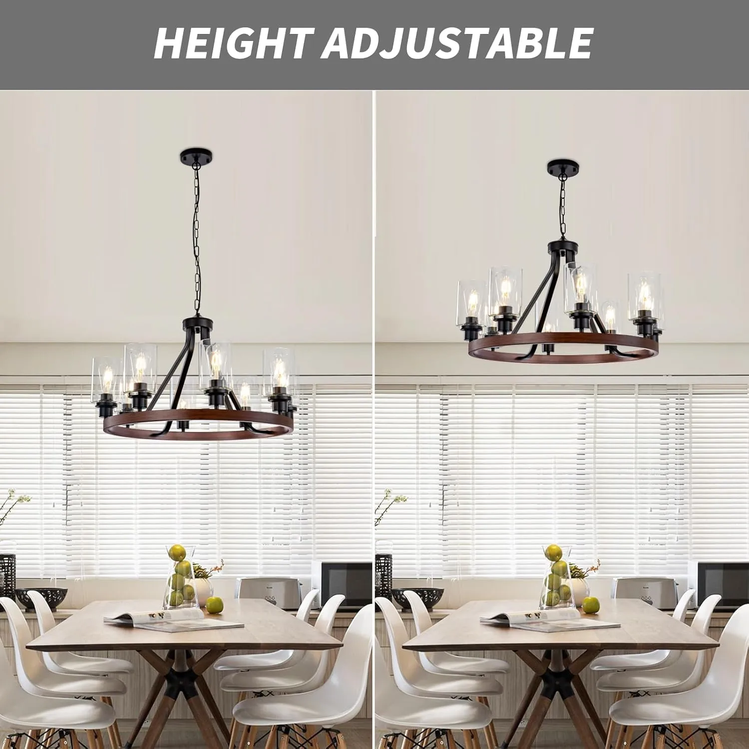 8-Light Farmhose Chandelier for Dining Room Light Fixture Faux Wood Kitchen Pendant Light Round Rustic Ceiling Hanging Lighting with Glass Globes Adjustable Height Metal E26
