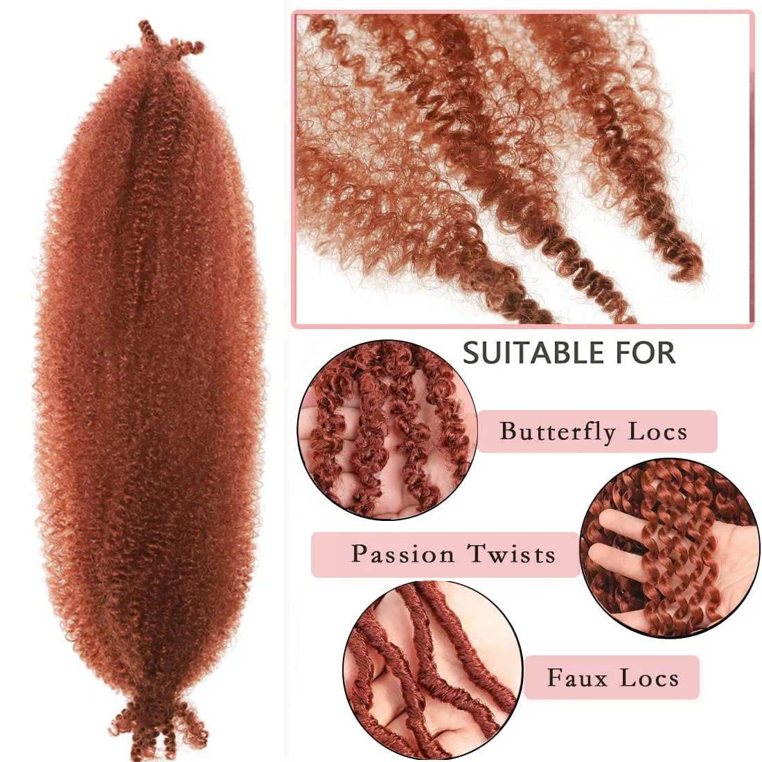 8 Packs Copper Red Pre-Separated Springy Afro Twist Hair Suitable for Damaged Soft Locs Synthetic Marley Twist Braiding for Black Women (18inch, 350#)