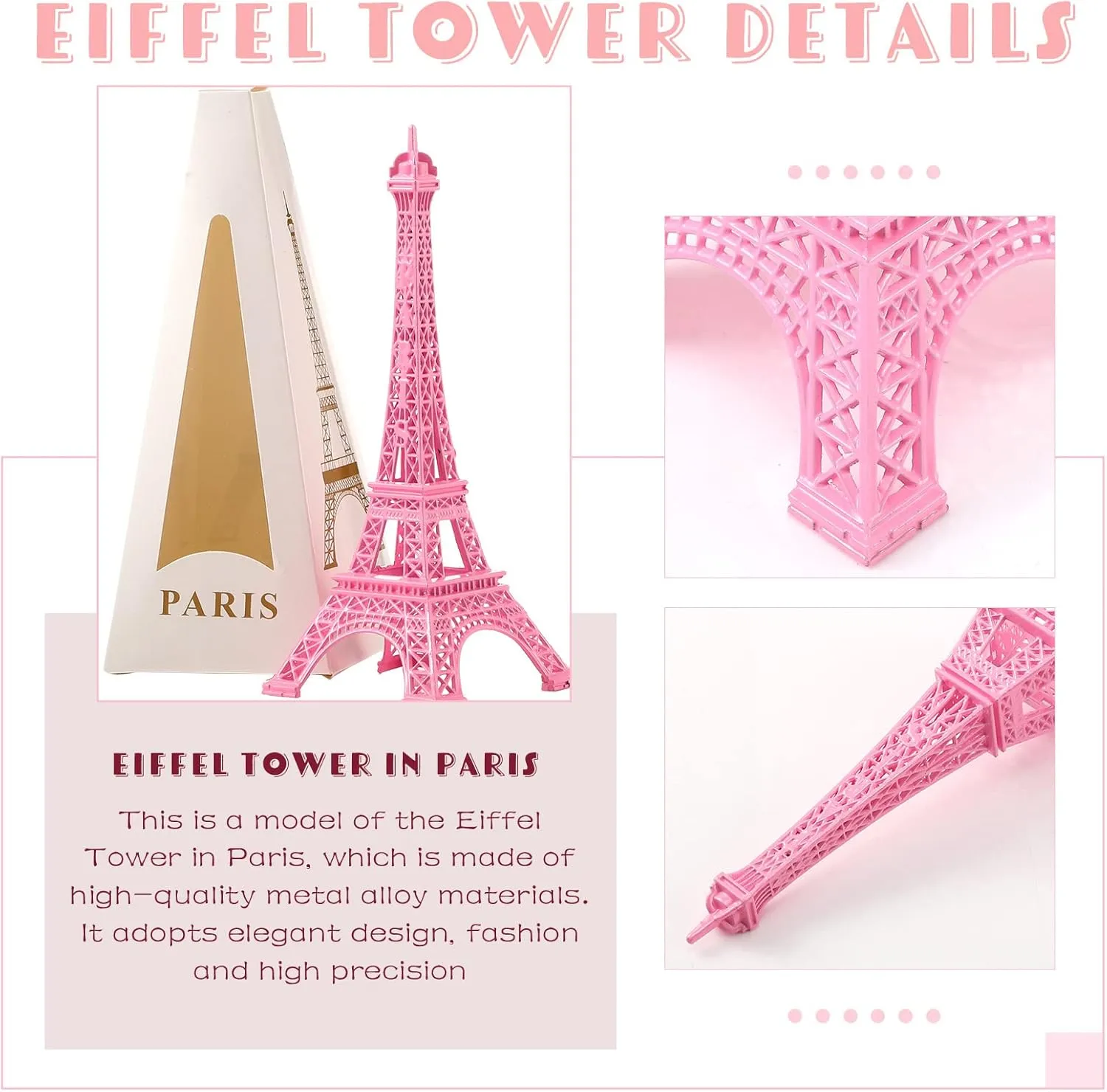 9 Pcs Eiffel Tower Statue Decor Alloy Metal Paris Eiffel Tower Party Decoration 5 Size Eiffel Tower Decor French Table Stand Holder Gift for Cake Topper Collectible Figurine Replica Home (Pink)
