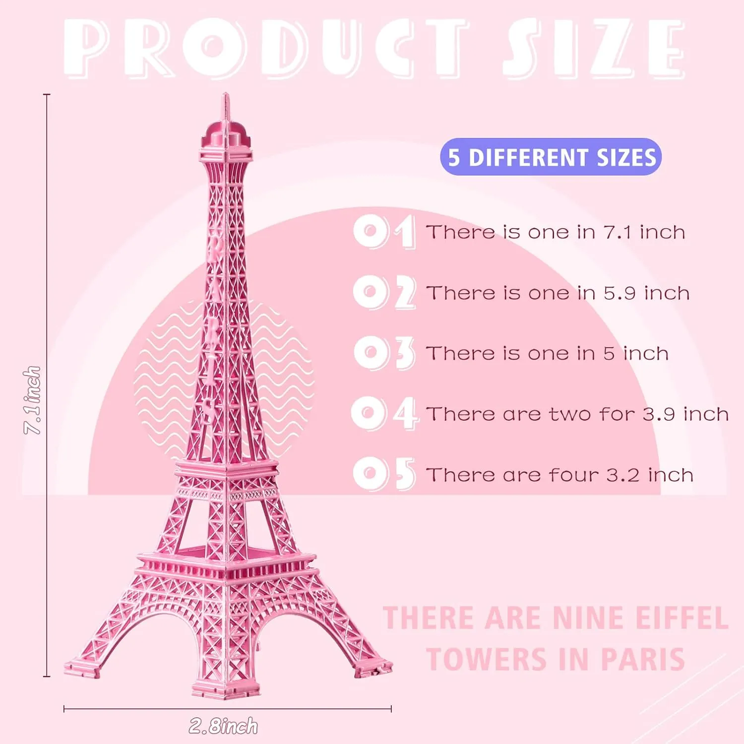 9 Pcs Eiffel Tower Statue Decor Alloy Metal Paris Eiffel Tower Party Decoration 5 Size Eiffel Tower Decor French Table Stand Holder Gift for Cake Topper Collectible Figurine Replica Home (Pink)