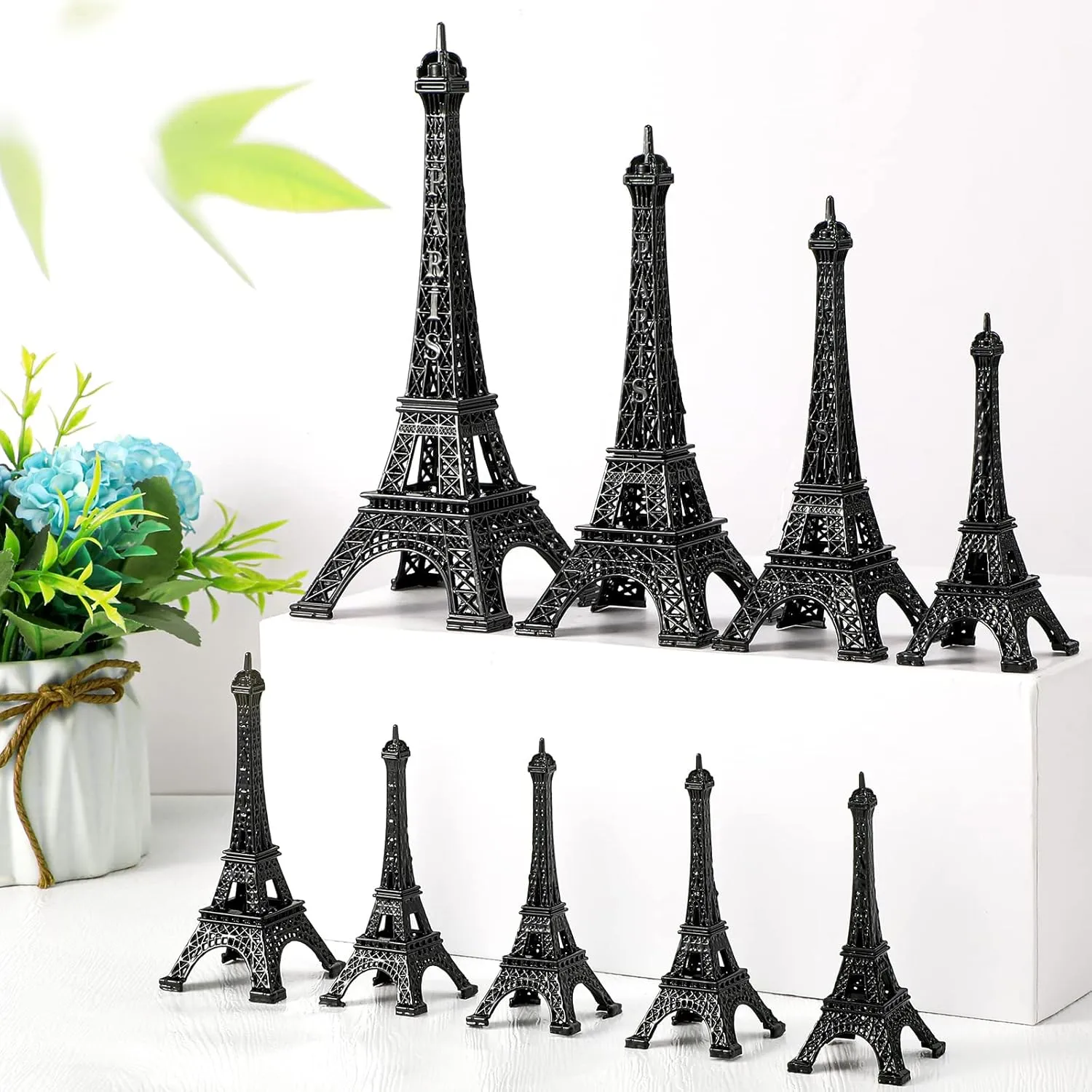 9 Pcs Eiffel Tower Statue Decor Alloy Metal Paris Tower Party Decoration 5 Size Eiffel Decor French Table Stand Holder Gift for Cake Topper Collectible Figurine Replica Home(Black)