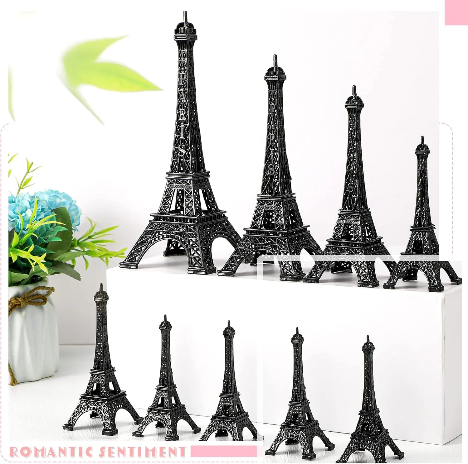 9 Pcs Eiffel Tower Statue Decor Alloy Metal Paris Tower Party Decoration 5 Size Eiffel Decor French Table Stand Holder Gift for Cake Topper Collectible Figurine Replica Home(Black)