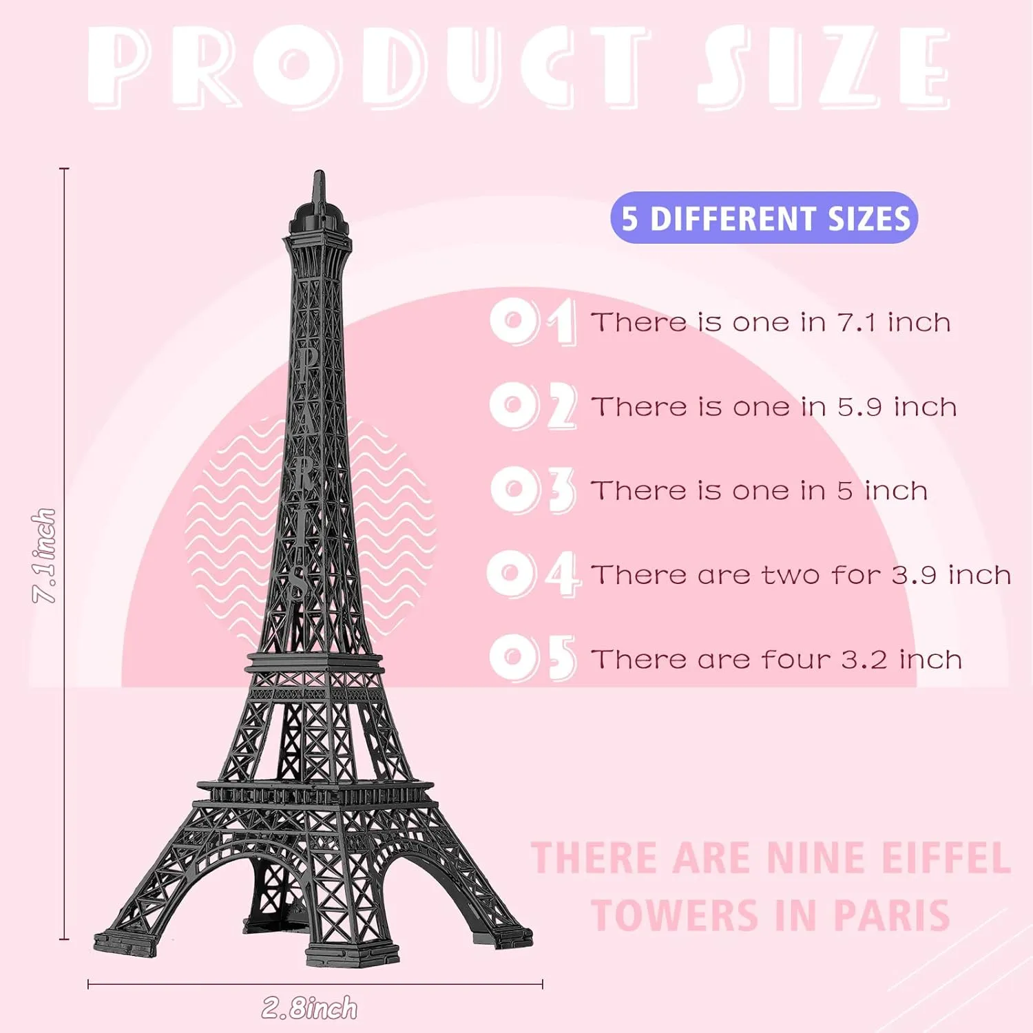 9 Pcs Eiffel Tower Statue Decor Alloy Metal Paris Tower Party Decoration 5 Size Eiffel Decor French Table Stand Holder Gift for Cake Topper Collectible Figurine Replica Home(Black)