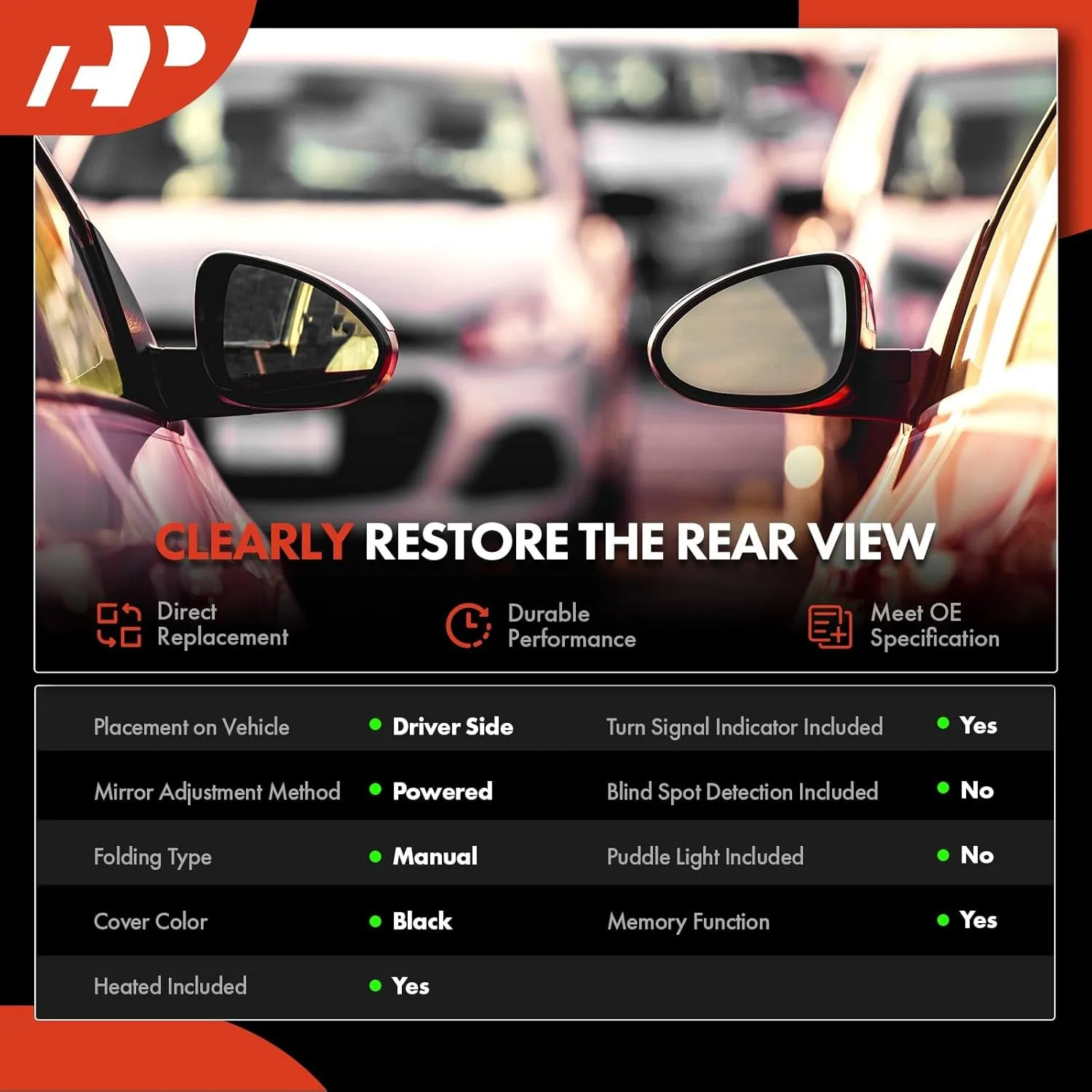 A-Premium Driver Side Power Door Mirror - Compatible with Dodge Durango 2011-2018 - Heated Manual Folding Black Outside Rear View Mirror w/Turn Signal - Replace# 5SH45AXRAF