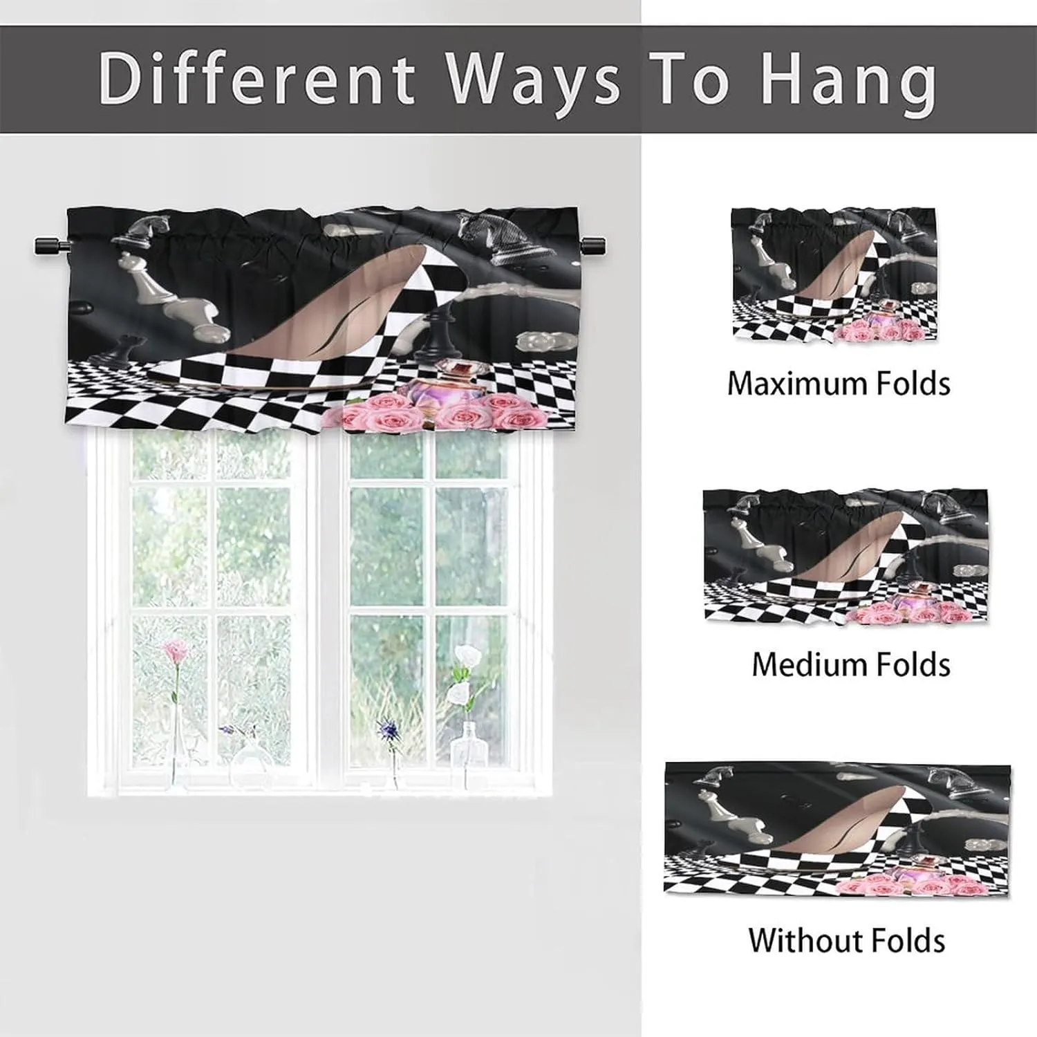 Abstract Modern Art High Heels Kitchens Valances for Window,Rustic Black White Plaid Makeup Theme High Heels Rod Pocket Curtain Valance for Bathroom Living Room Curtains,54x18inch（2Pcs）