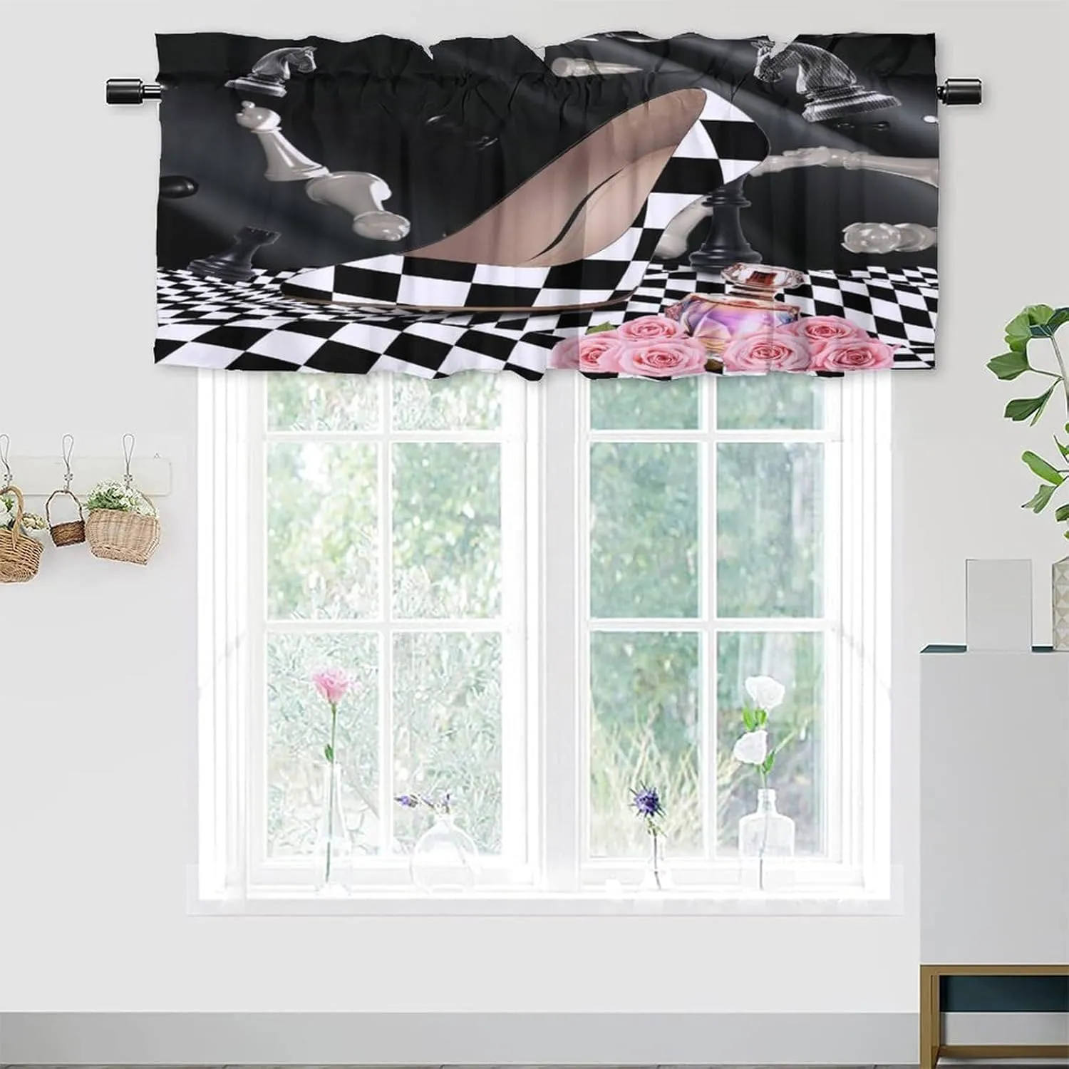 Abstract Modern Art High Heels Kitchens Valances for Window,Rustic Black White Plaid Makeup Theme High Heels Rod Pocket Curtain Valance for Bathroom Living Room Curtains,54x18inch（2Pcs）