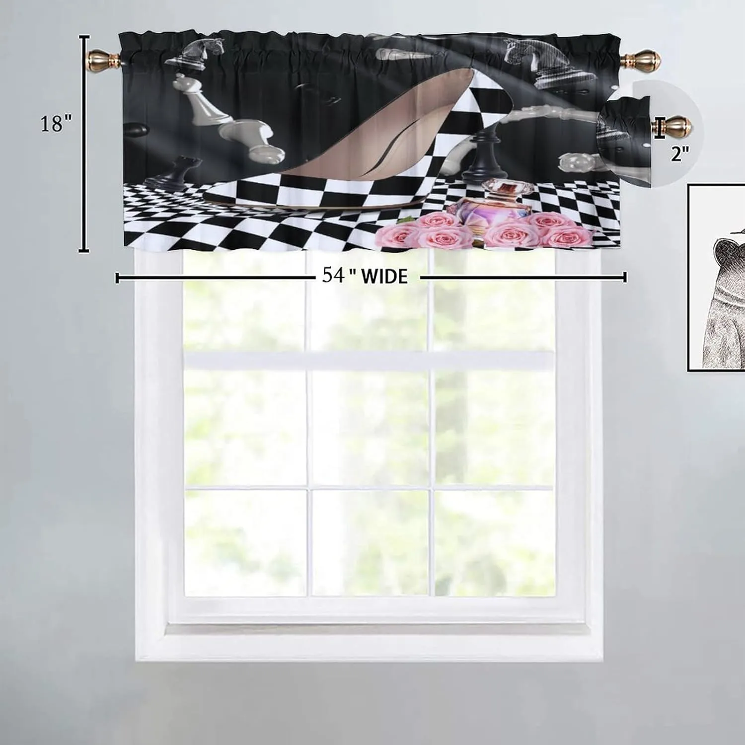 Abstract Modern Art High Heels Kitchens Valances for Window,Rustic Black White Plaid Makeup Theme High Heels Rod Pocket Curtain Valance for Bathroom Living Room Curtains,54x18inch（2Pcs）