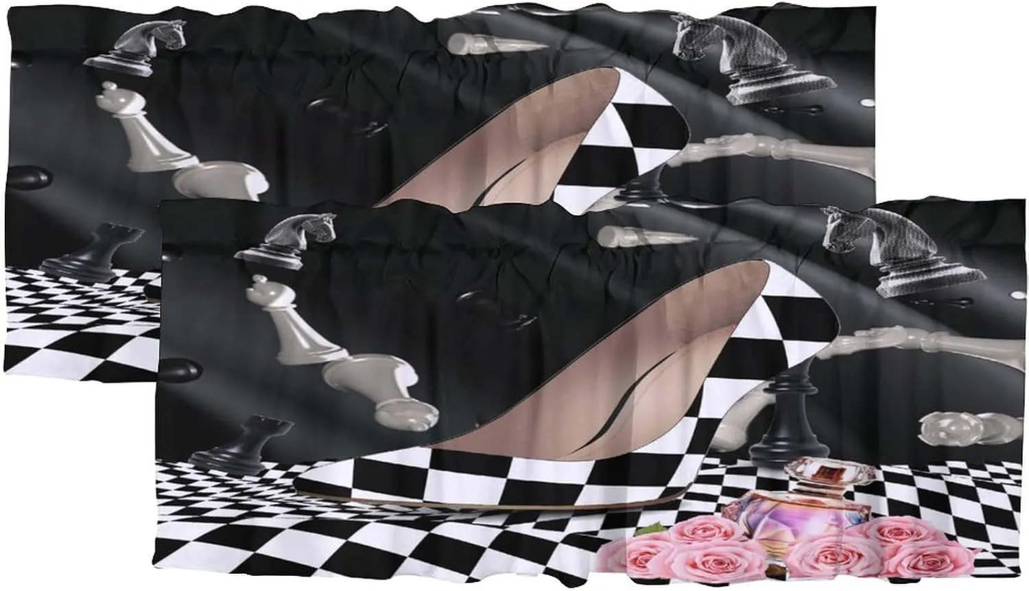 Abstract Modern Art High Heels Kitchens Valances for Window,Rustic Black White Plaid Makeup Theme High Heels Rod Pocket Curtain Valance for Bathroom Living Room Curtains,54x18inch（2Pcs）