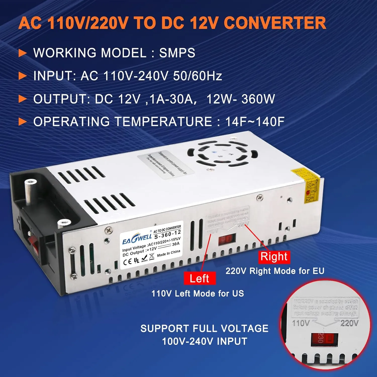 AC to DC Converter 110V to 12V, Universal SMPS 360W Switching Power Supply Transformer Adapter for RV,Pump,LED Strip, LCD Monitor