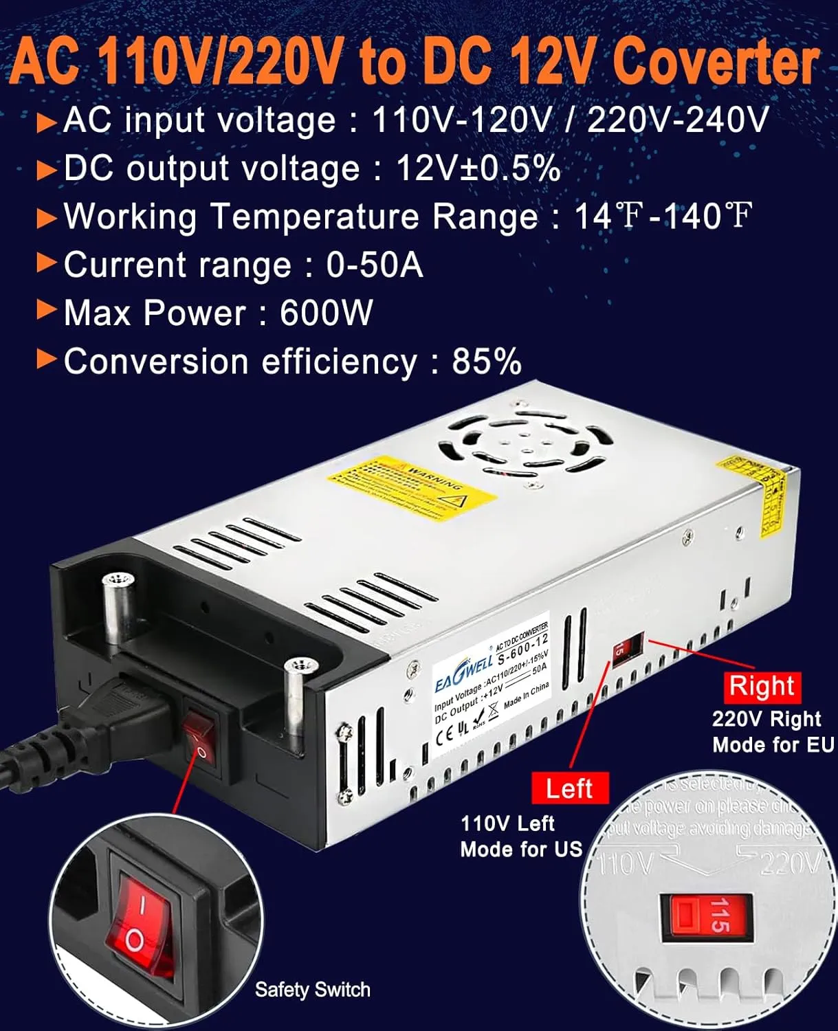 AC to DC Converter 12V Power Supply,Universal SMPS 120V AC to 12V 50A 600W DC Converter Power Supply Transformer Driver Adapter for RV,Pump,LED Strip, LCD Monitor