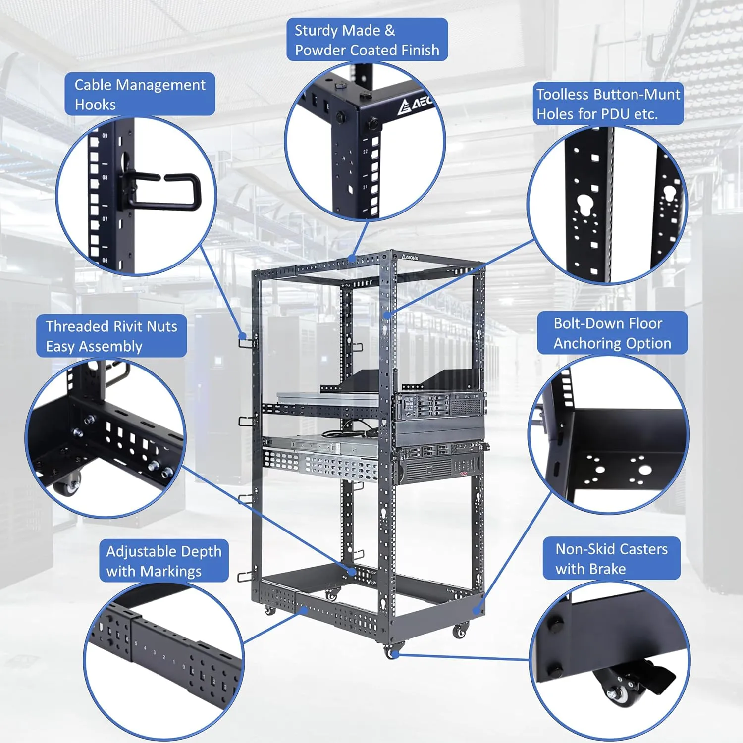 AEONS 27U 4-Post IT Open Frame Server Rack 19 Inch Depth-Adjustable (22" to 40") Network Equipment AV Gear w/Casters and Cable Management