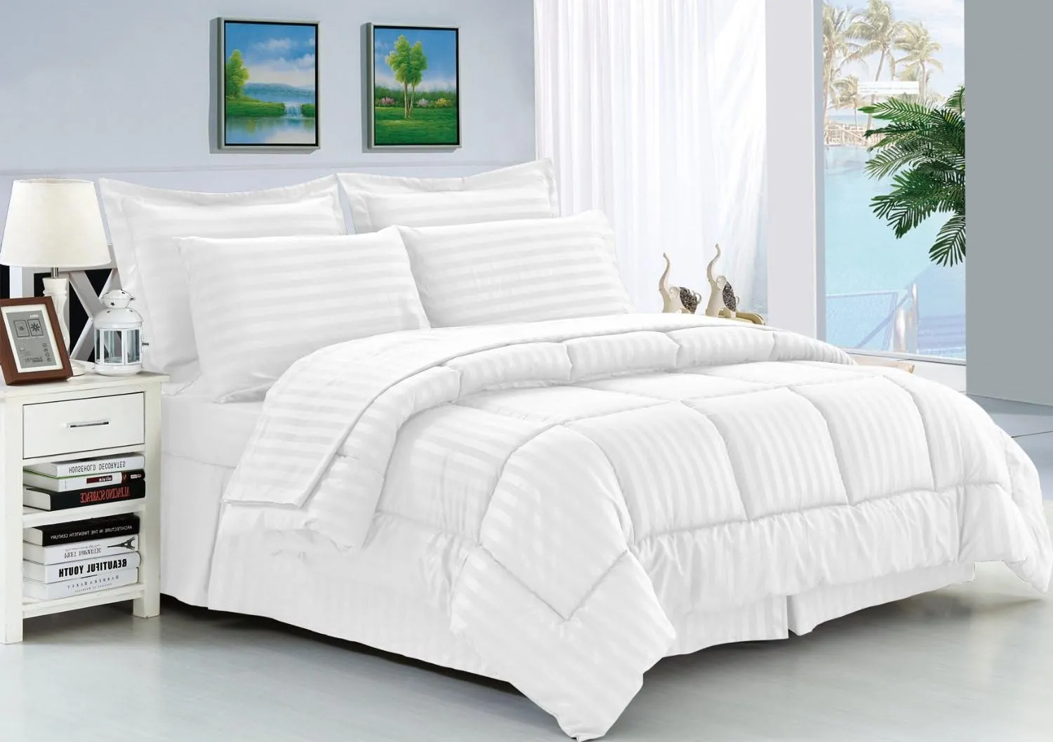 All Bed Set Comforter with 2 Pillow Shams,4 Piece Sheets for Adjustable beds 21'' Deep Pocket,Bed Skirt 8 Piece Bed Set for All Seasons White Stripe,Queen/Full
