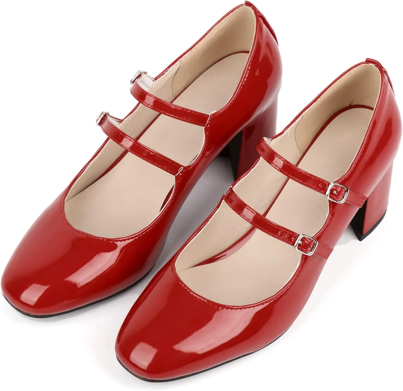 Alsoloveu Women's Mary Jane Shoes Patent Leather Retro Low Chunky Heels Pump Shoes for Women Double Ankle Strap Pumps